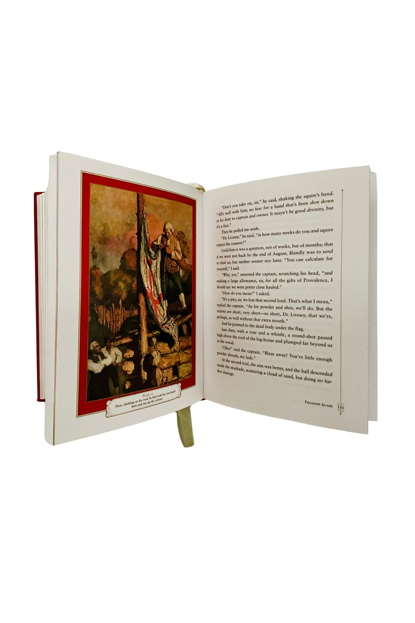 Book opened to show a painting on the left and text on the right