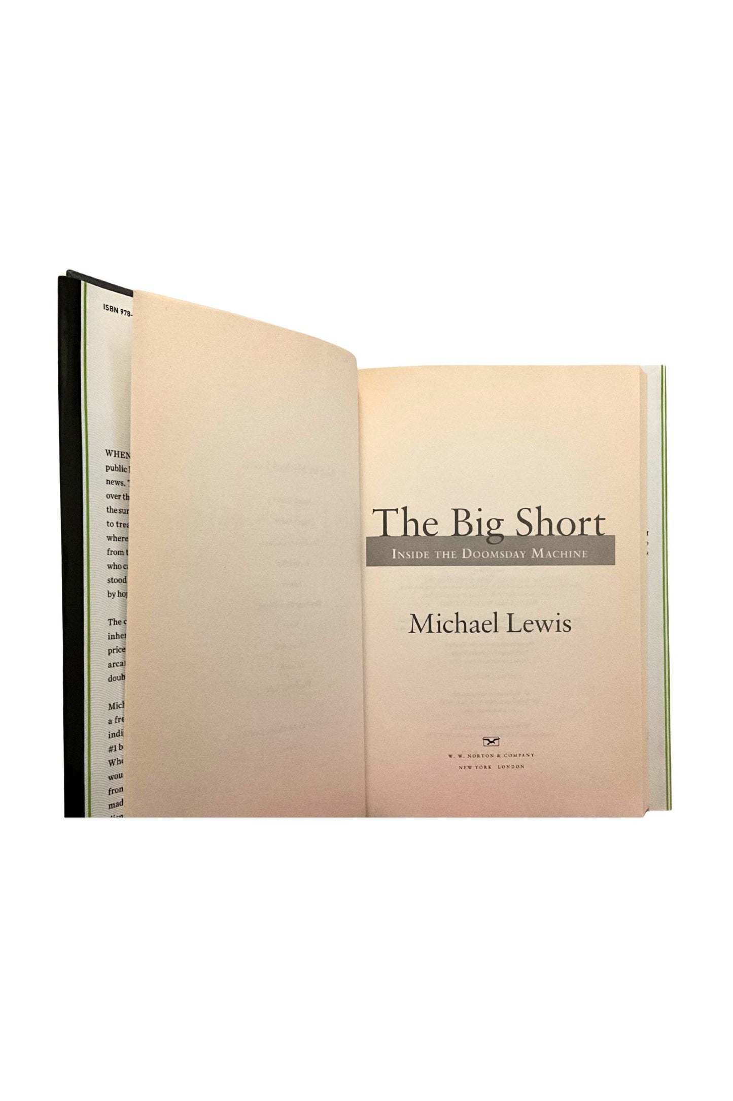 Open book titled 'The Big Short' by Michael Lewis on a white background