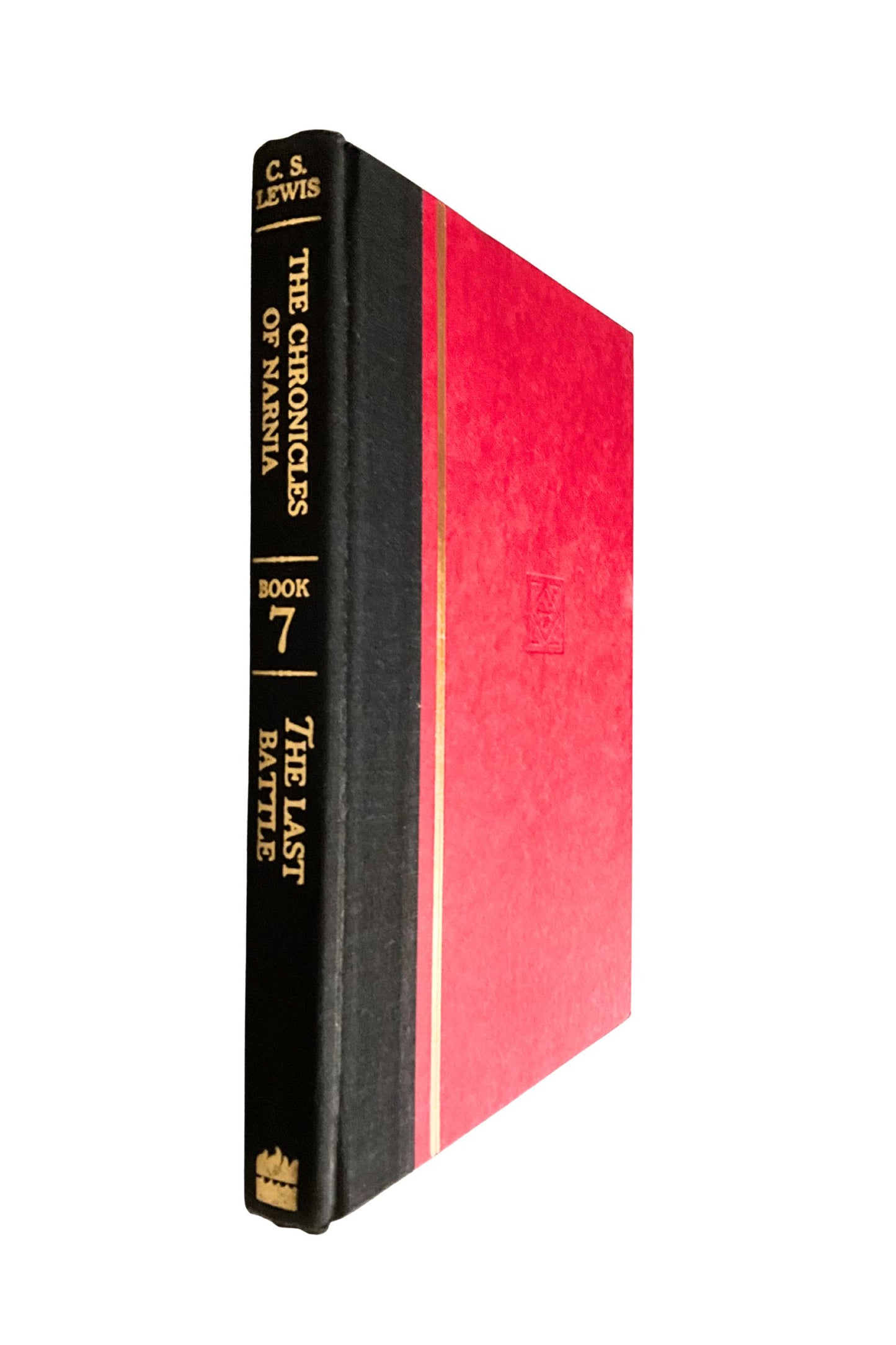 Red book with black spine on a white background