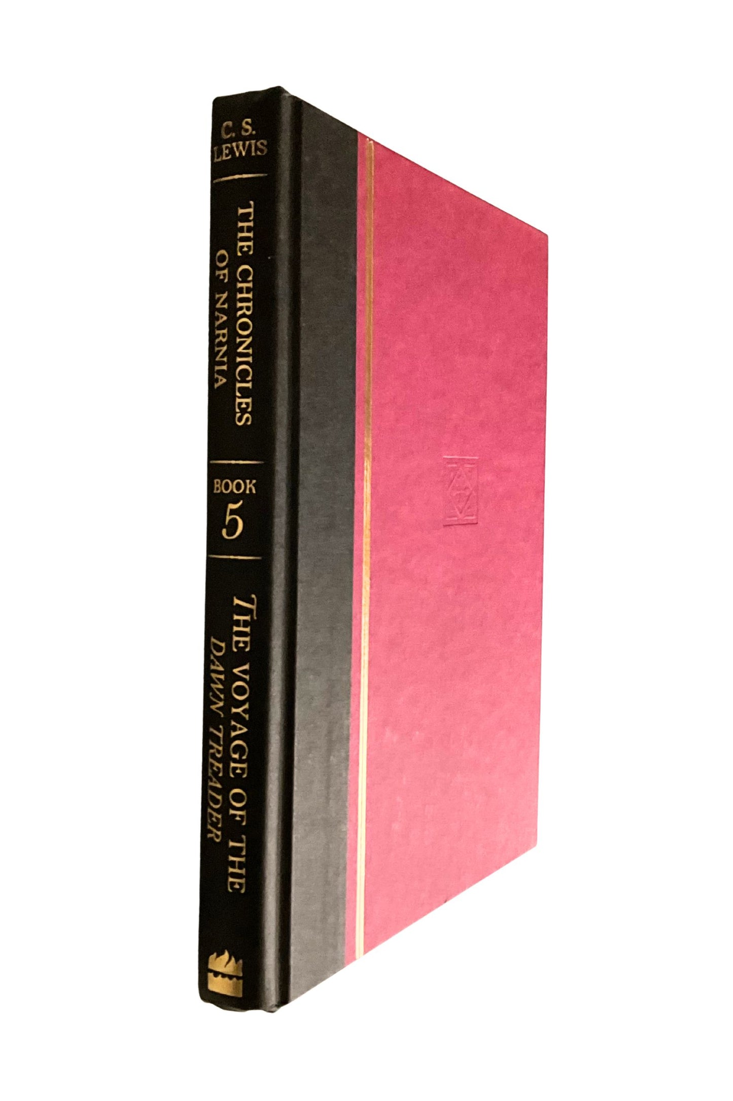 Book titled 'The Voyage of the Dawn Treader' from 'The Chronicles of Narnia' series with a pink and black cover.