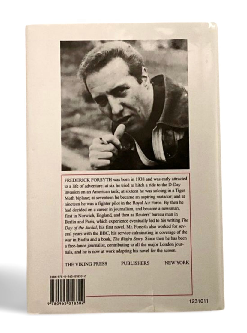 Book cover with a black and white photo of Frederick Forsyth  on a beige background