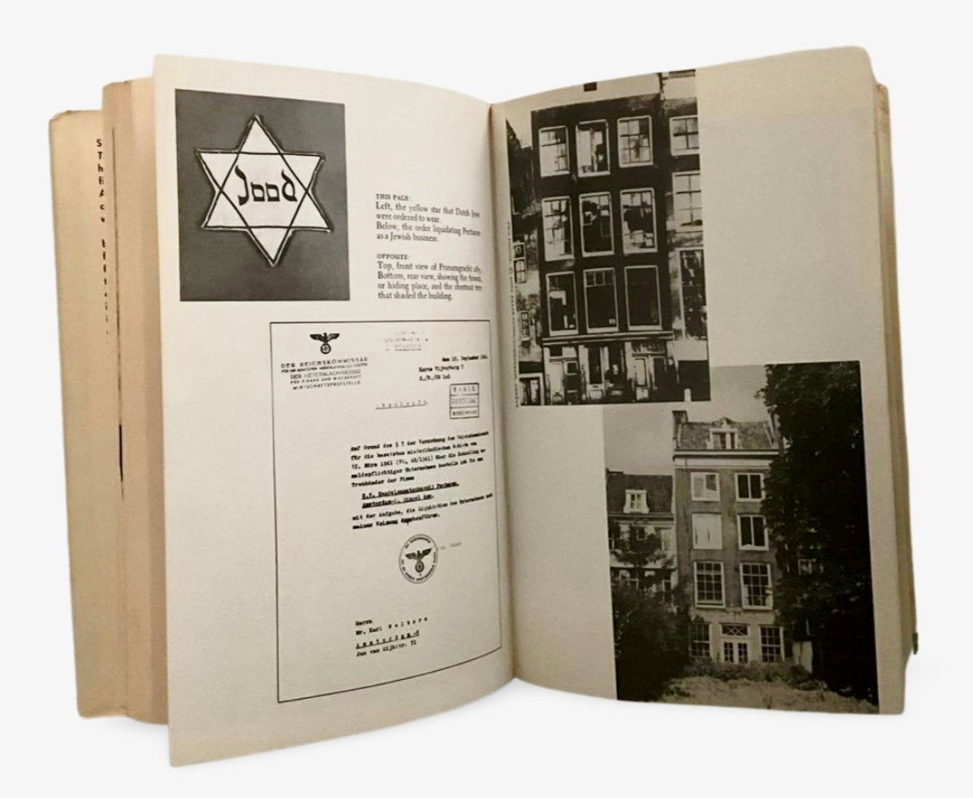 Open book with black and white photographs and text on a white background