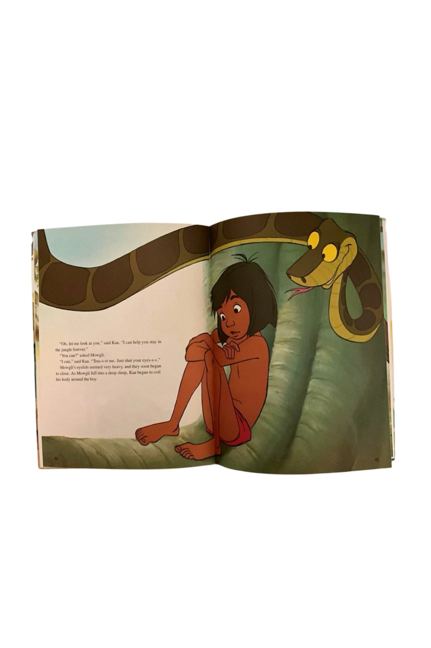 Open book showing an illustration of a child and snake on a white background