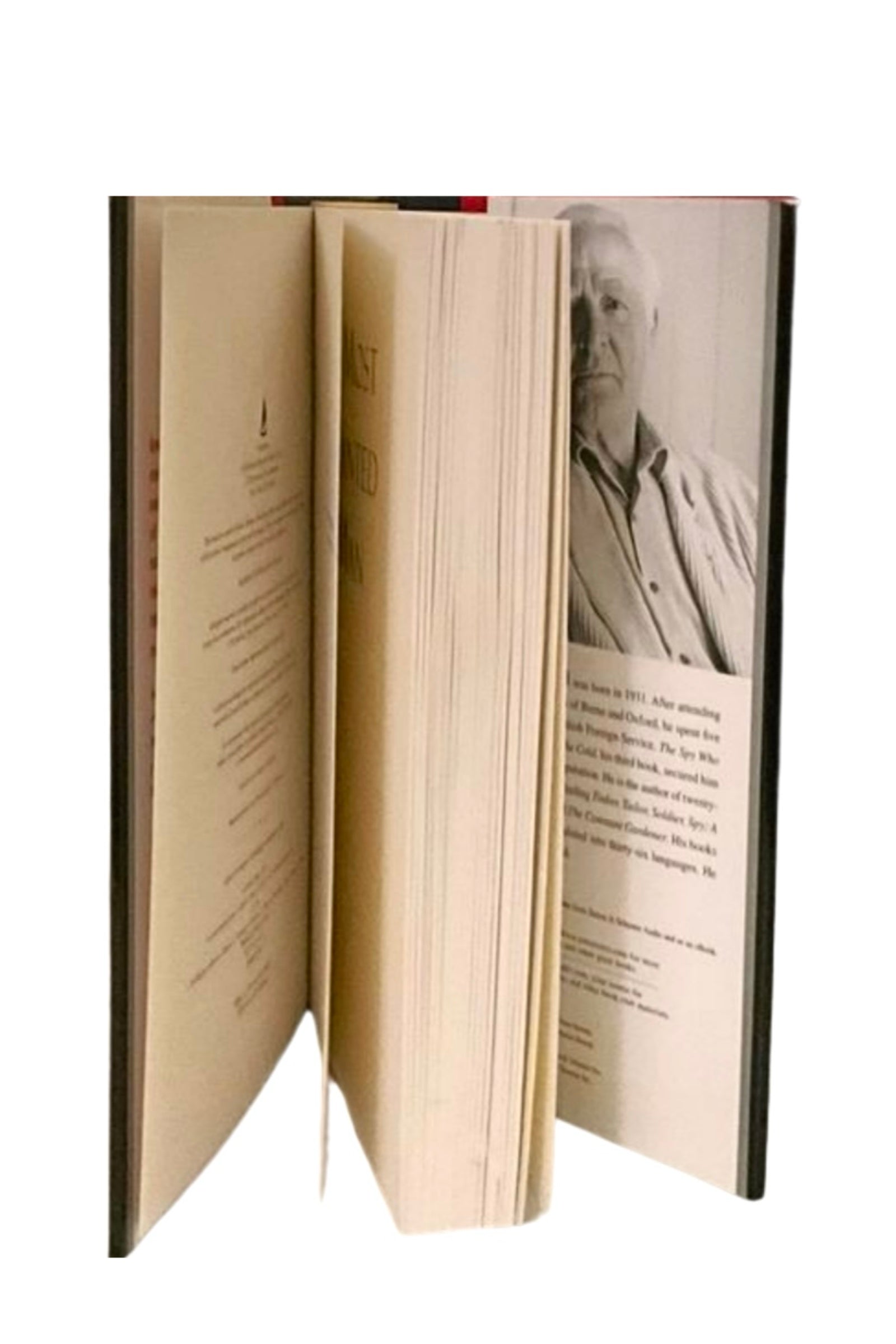 Open book with a portrait of the author on the right page