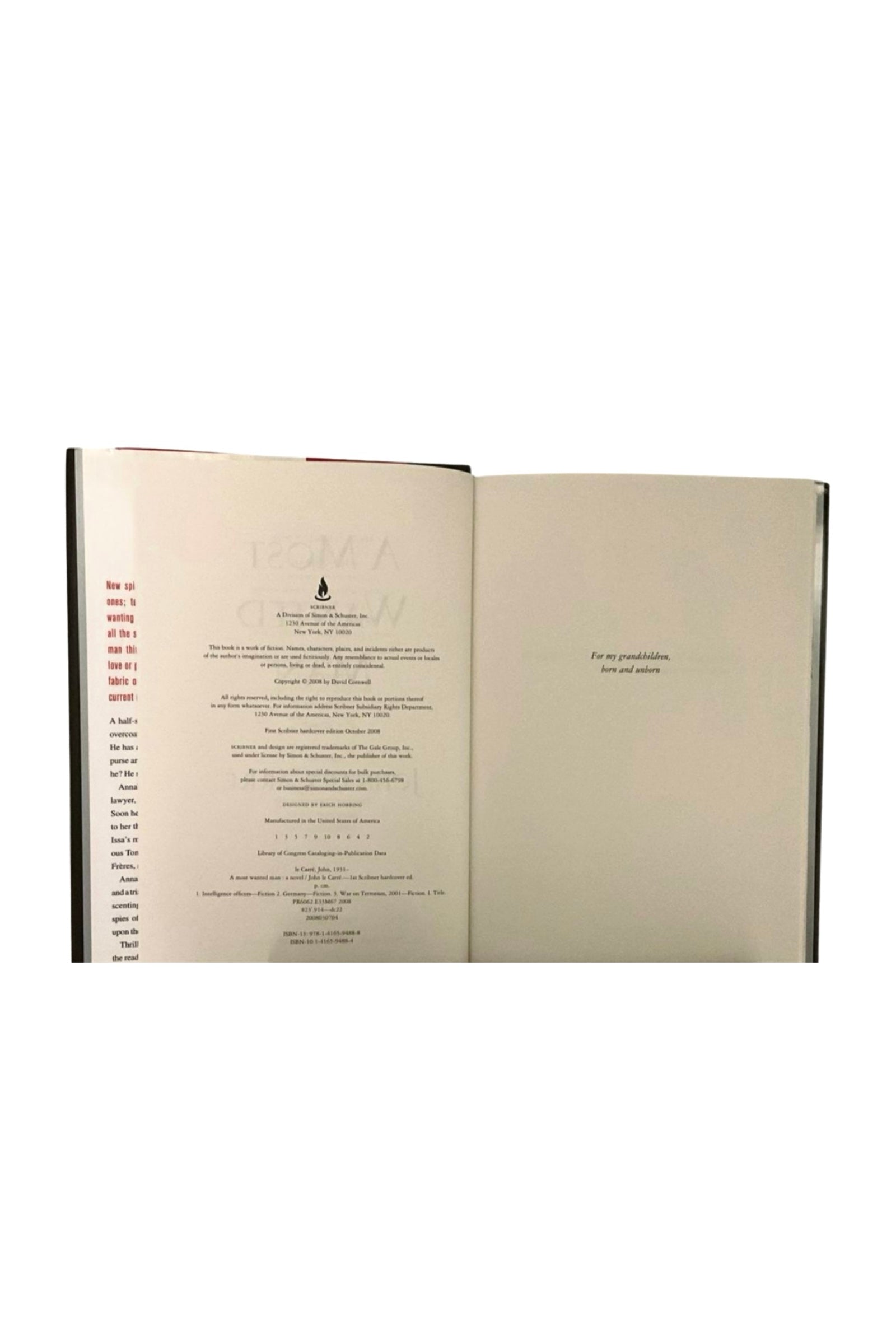 Open book showing the copyright page, on a white background