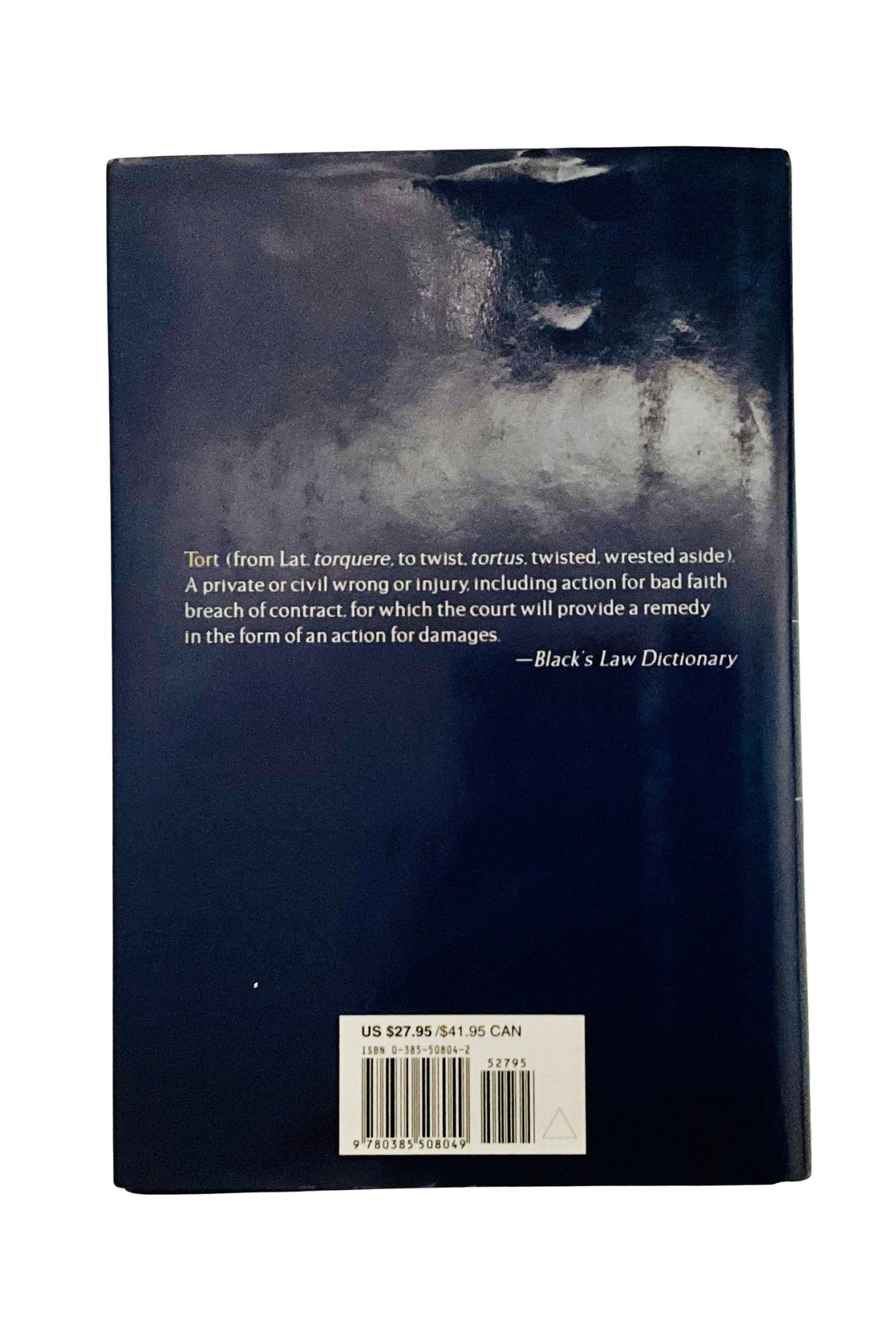 Dark blue back cover of a book with text on a white background