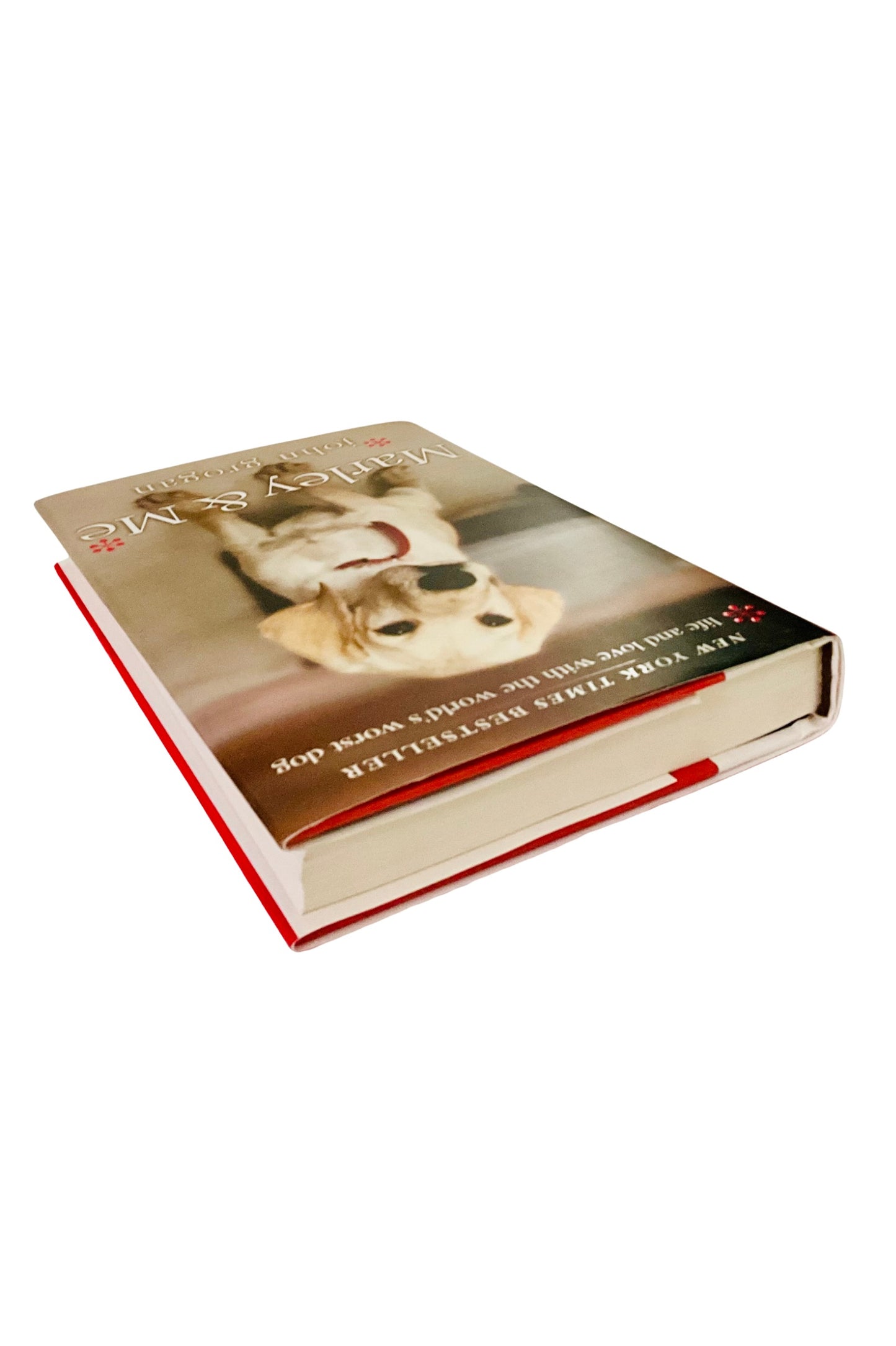 Book with a dog on the cover on a white background. it shows the white edges of the book