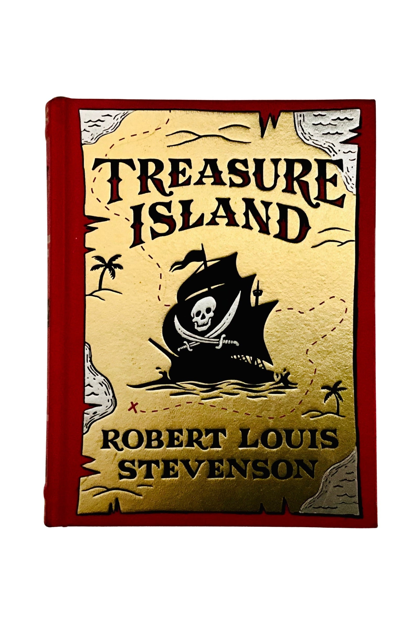 Decorative book cover of 'Treasure Island' by Robert Louis Stevenson with a pirate ship and skull design