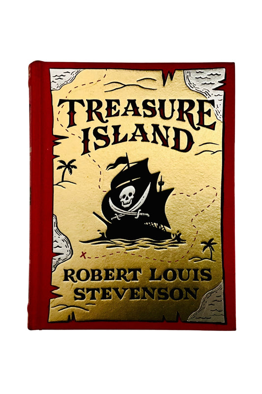Decorative book cover of 'Treasure Island' by Robert Louis Stevenson with a pirate ship and skull design