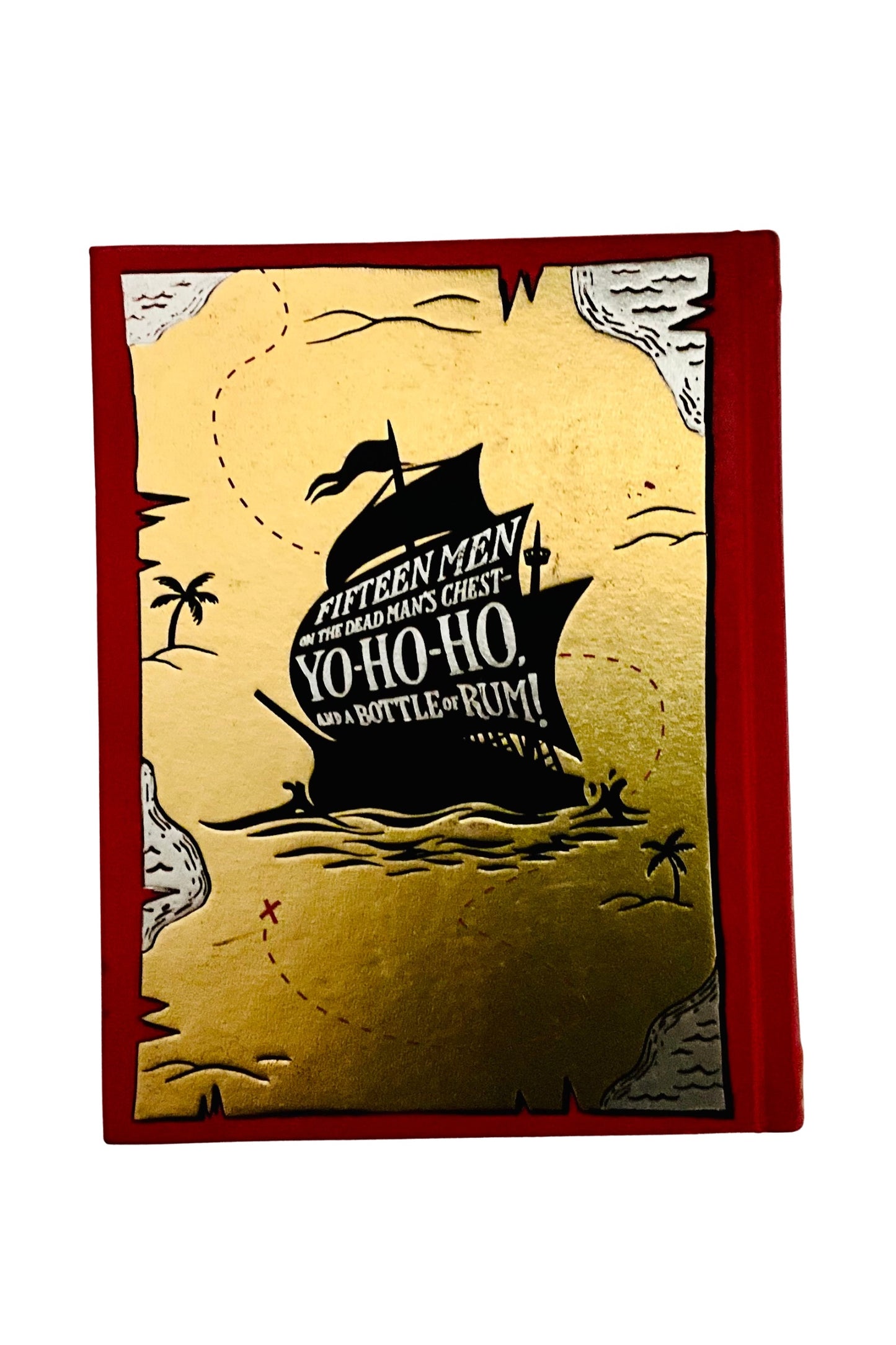 Back cover of the book ‘Treasure Island’with pirate ship and text on agold background