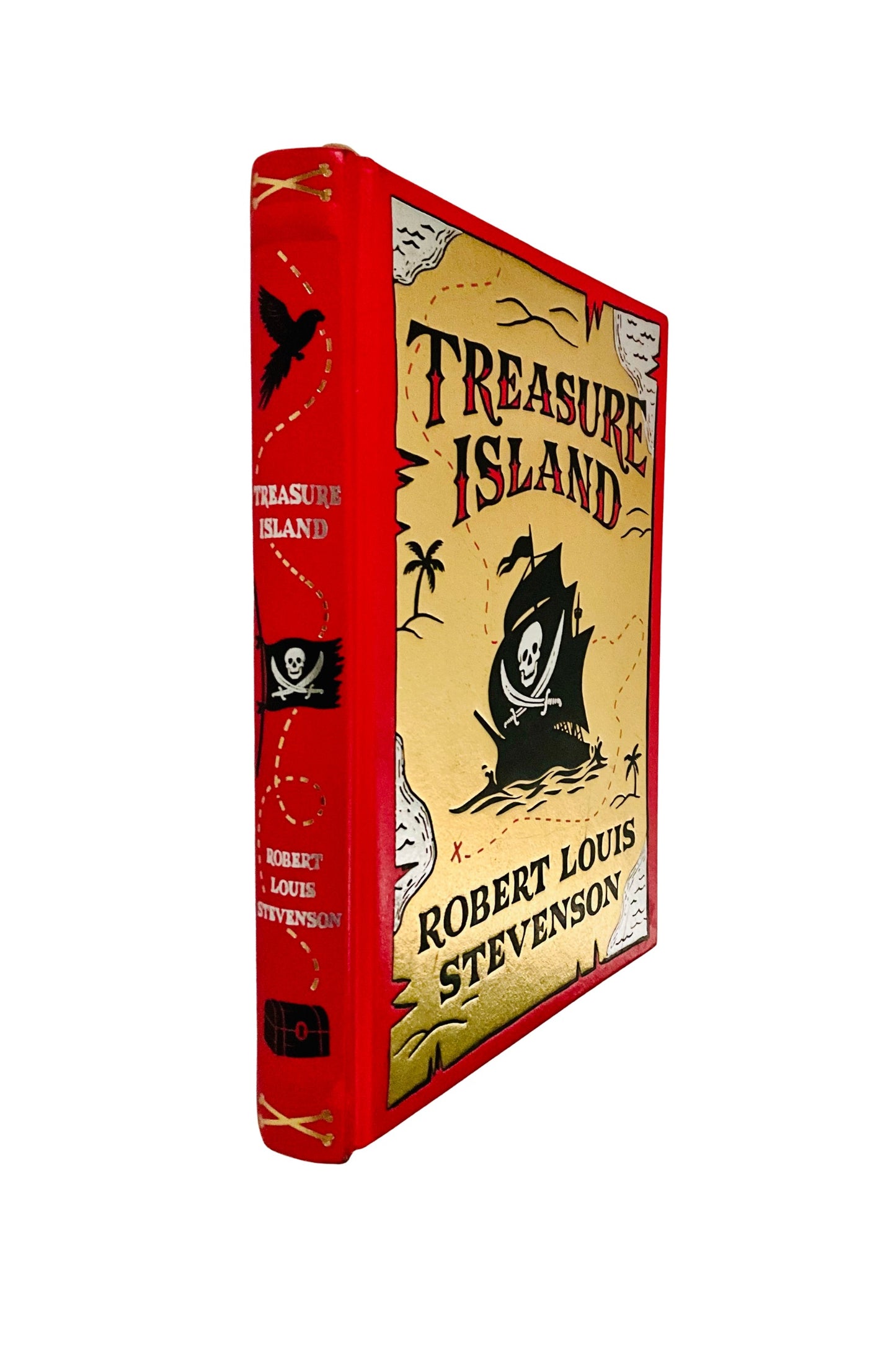Book cover of 'Treasure Island' by Robert Louis Stevenson with a red spine and yellow background.