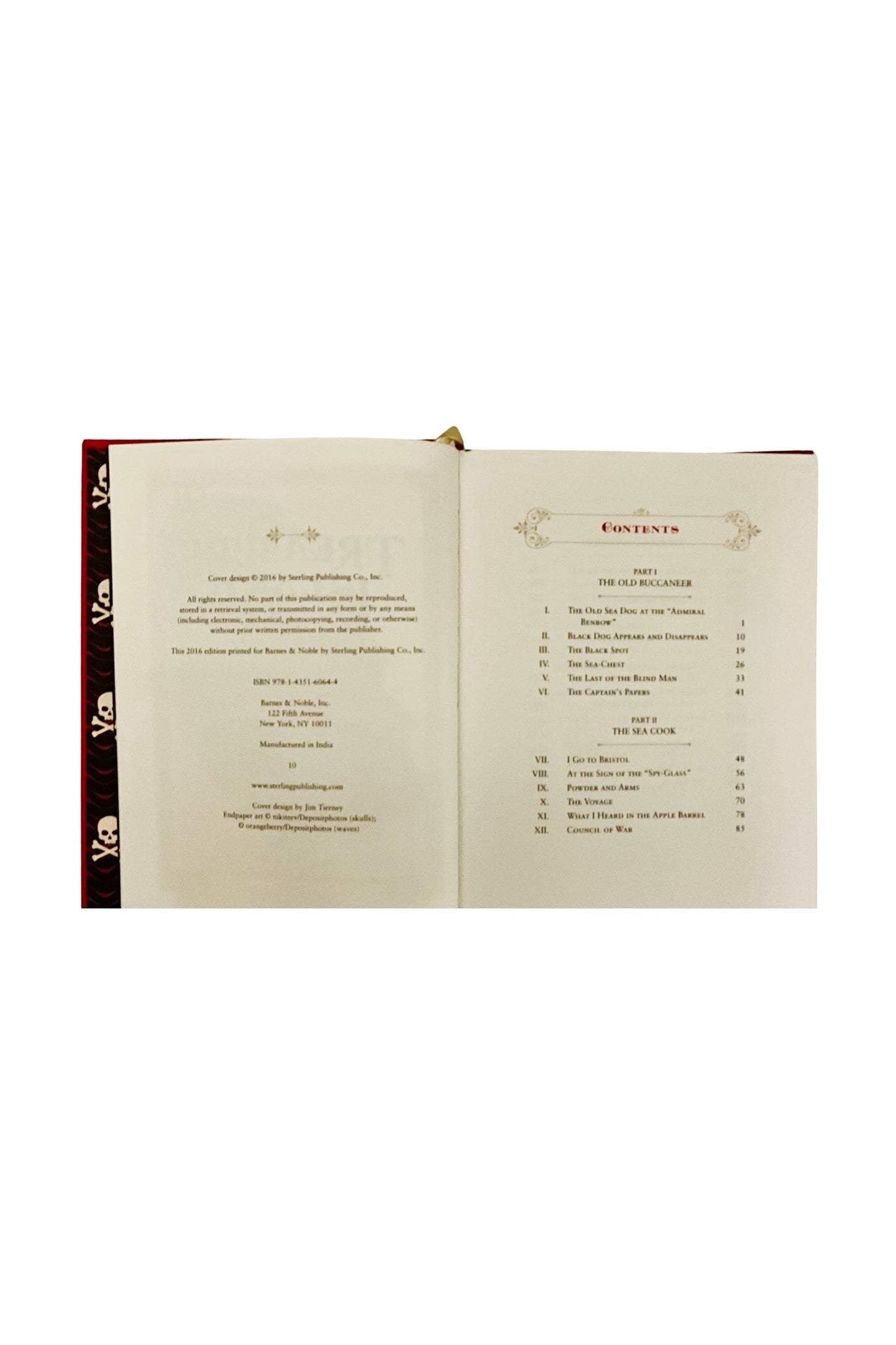 Open book with table of contents and copyright pages on a white background