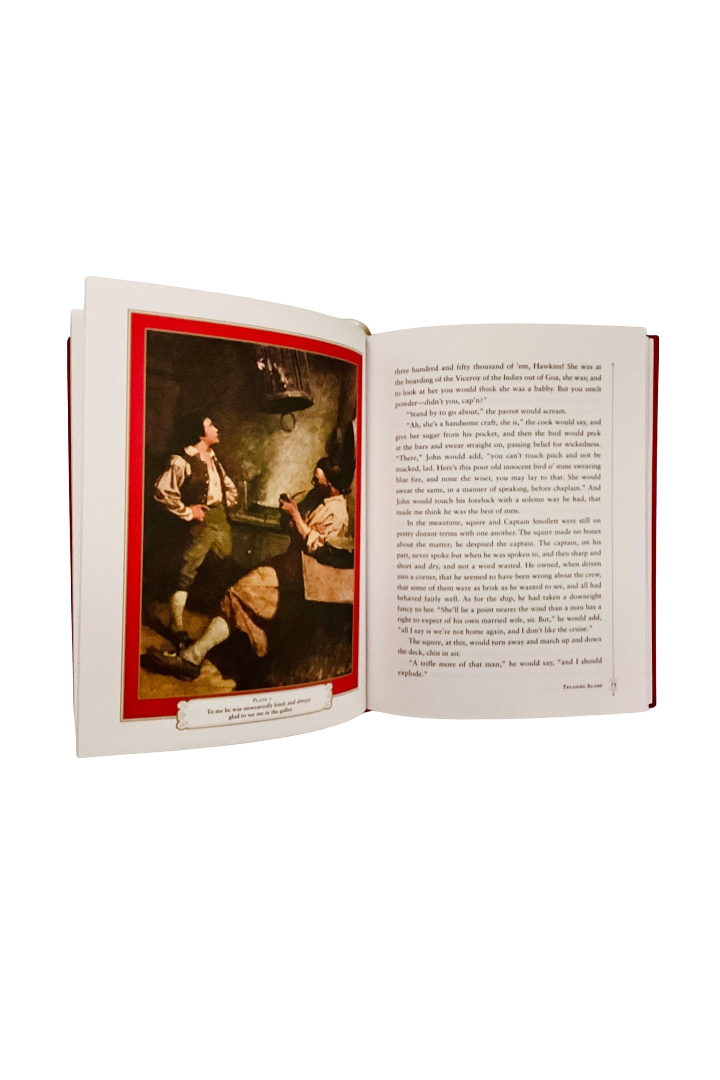 Open book with a beautiful painting on the left page and text on the right page.