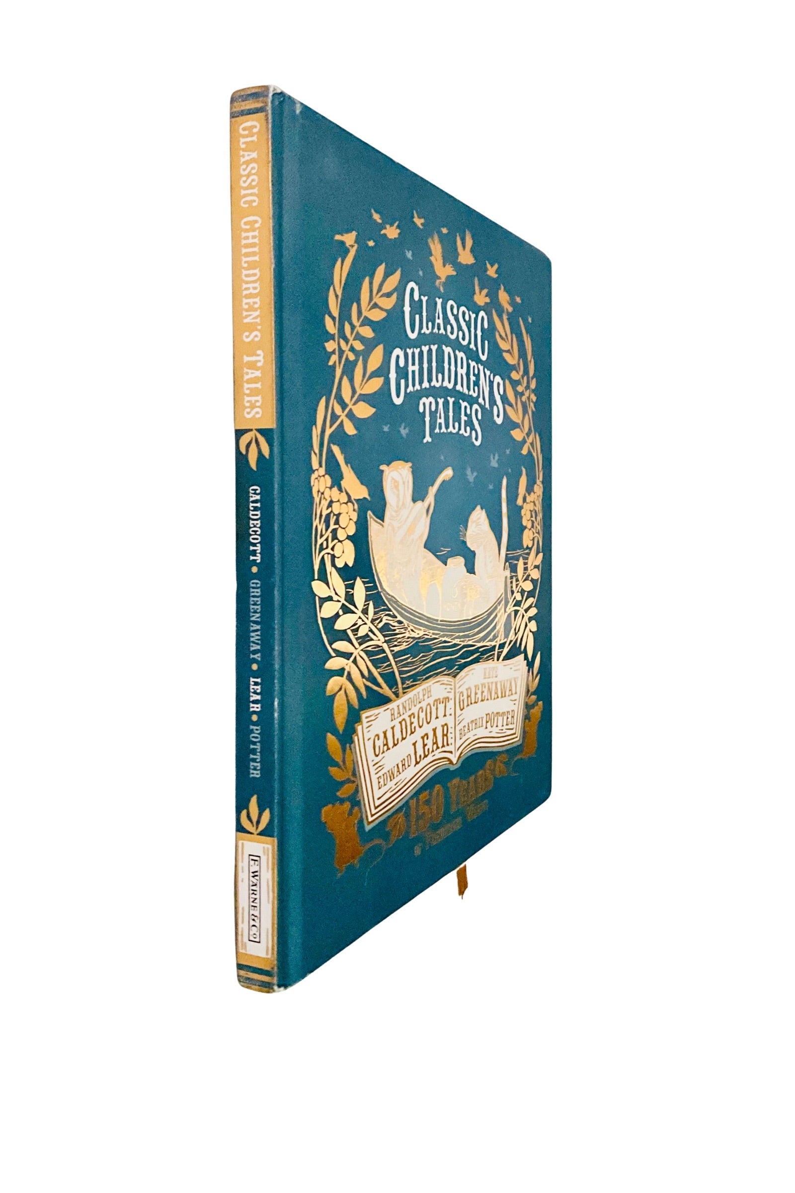 Book with decorative cover featuring text and illustrations on a white background, angled to show the book’s spine
