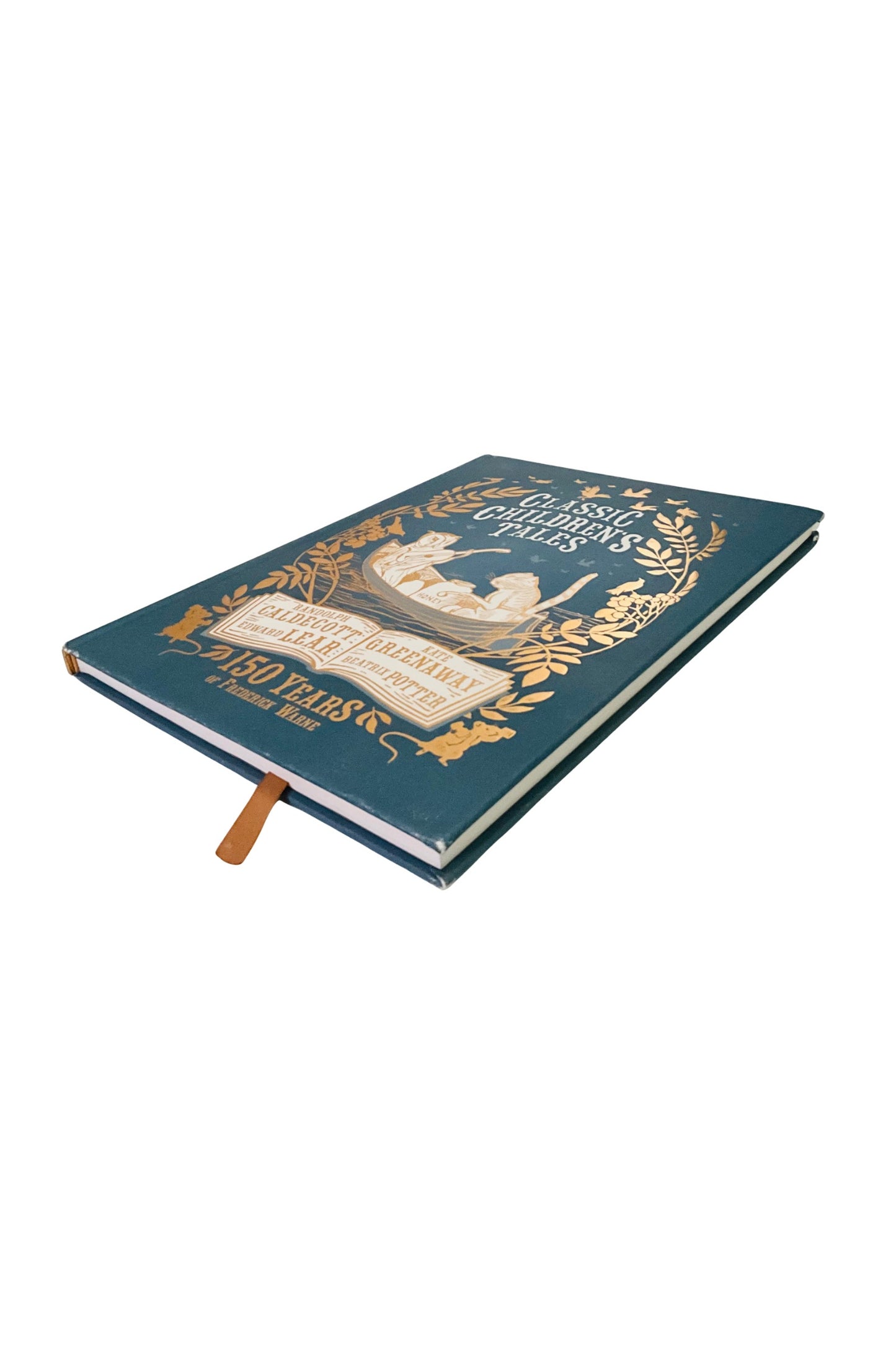 Decorative book with gold text design and ribbon bookmark on a white background

