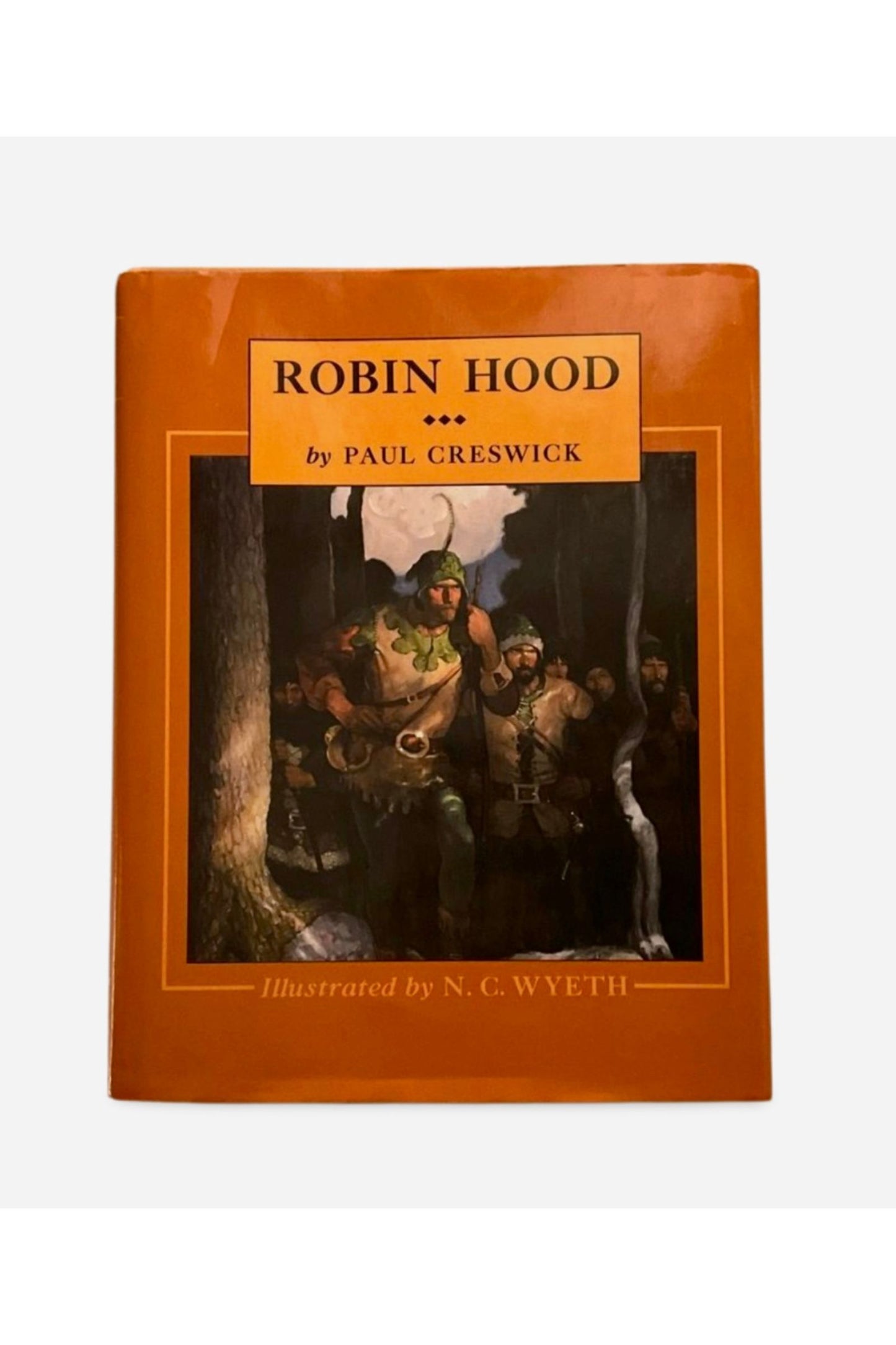 Glossy orange book cover of 'Robin Hood' by Paul Creswick with beautiful painting
 by NC Wyeth  on a white background