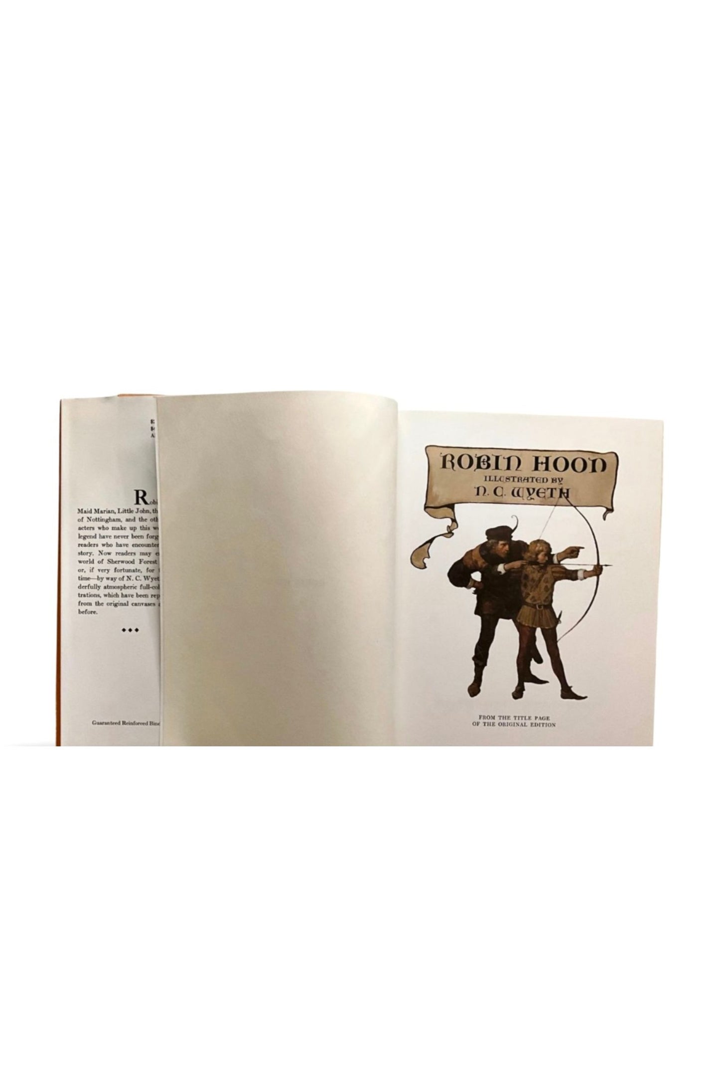 Open book showing the title ‘ Robin Hood  and illustration on a white background