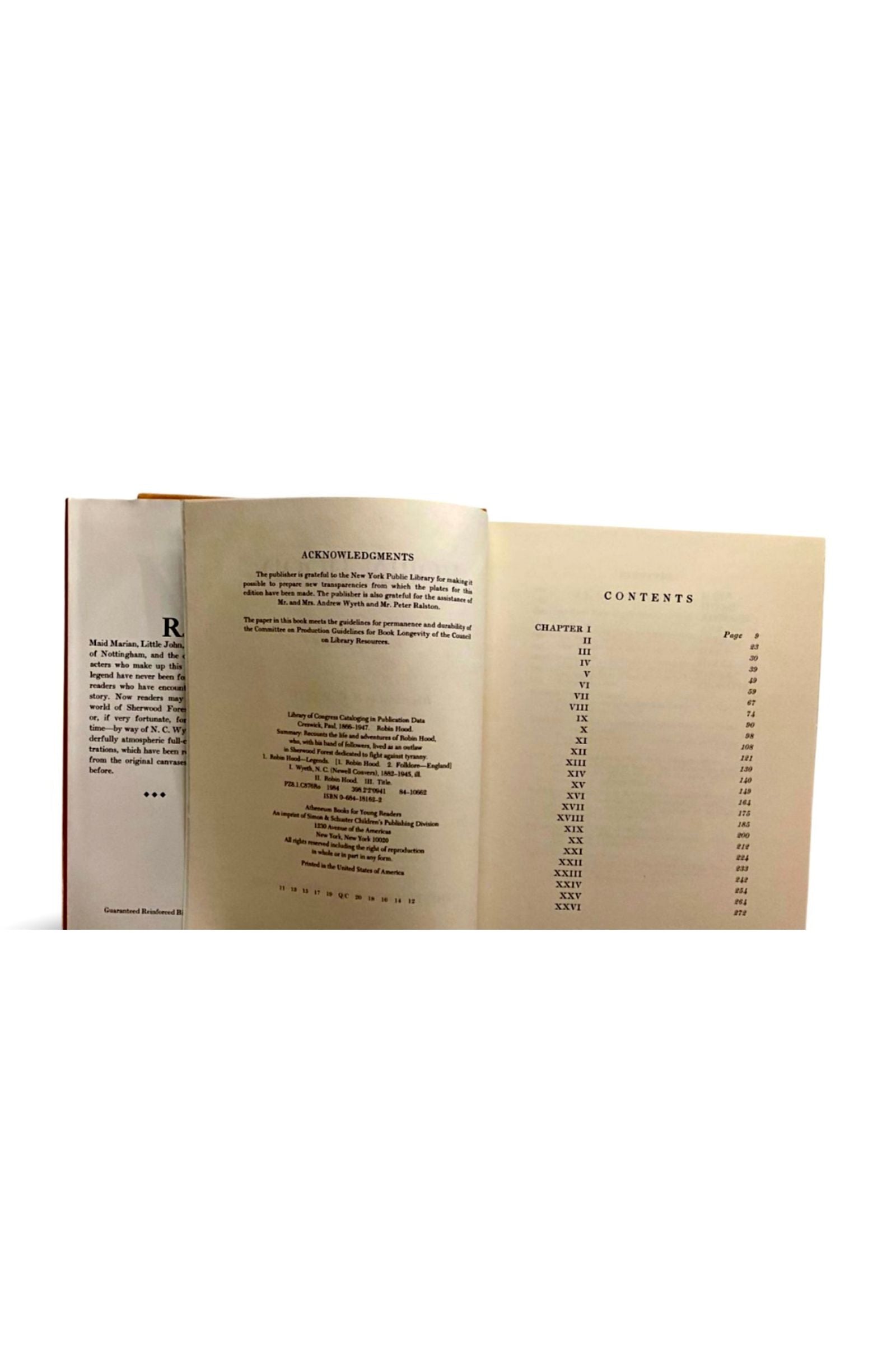 Open book showing copyright information and table of contents on a white background