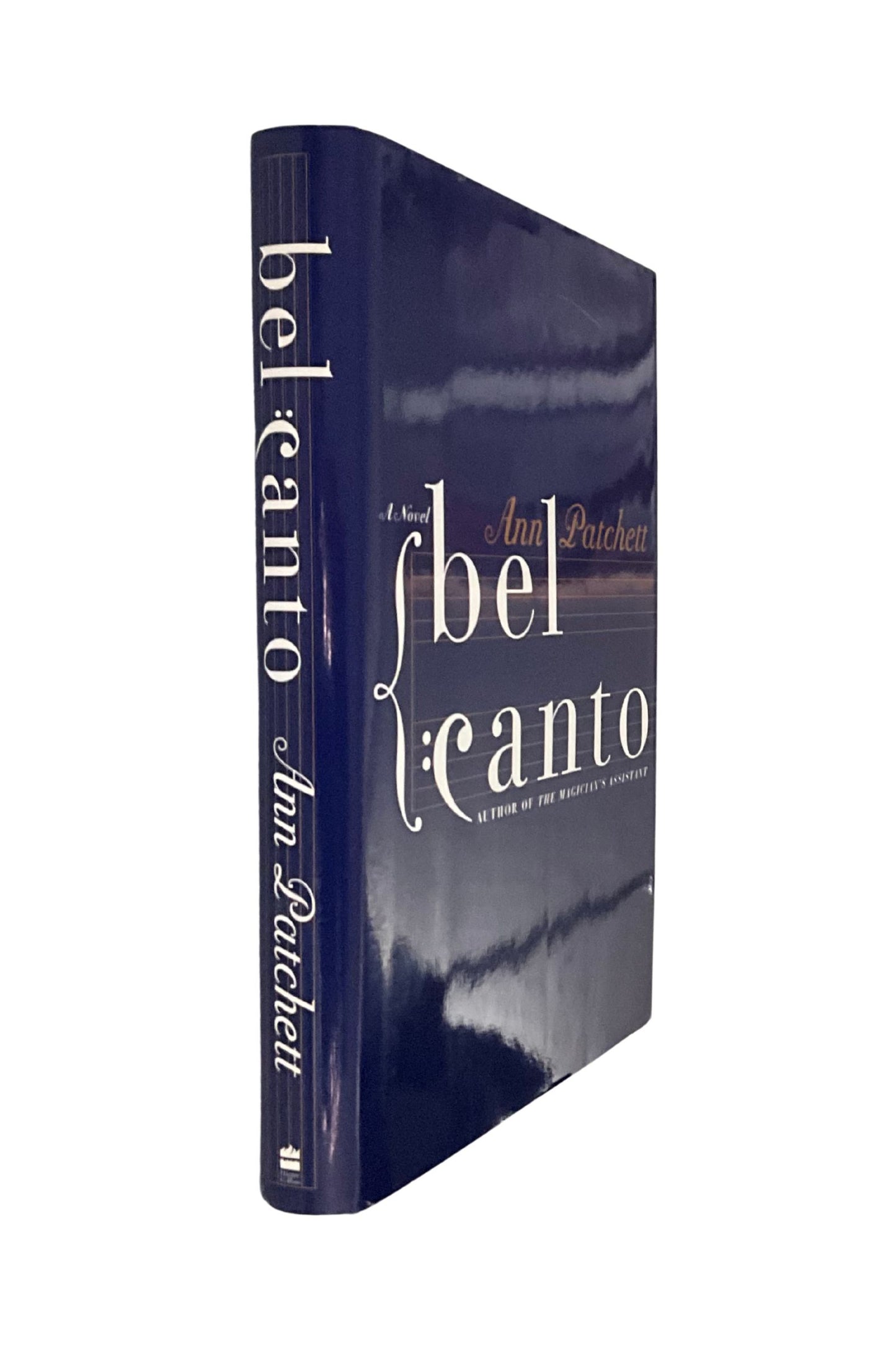 Book titled 'bel canto' with a blue cover on a white background, angled to show the book’s spine