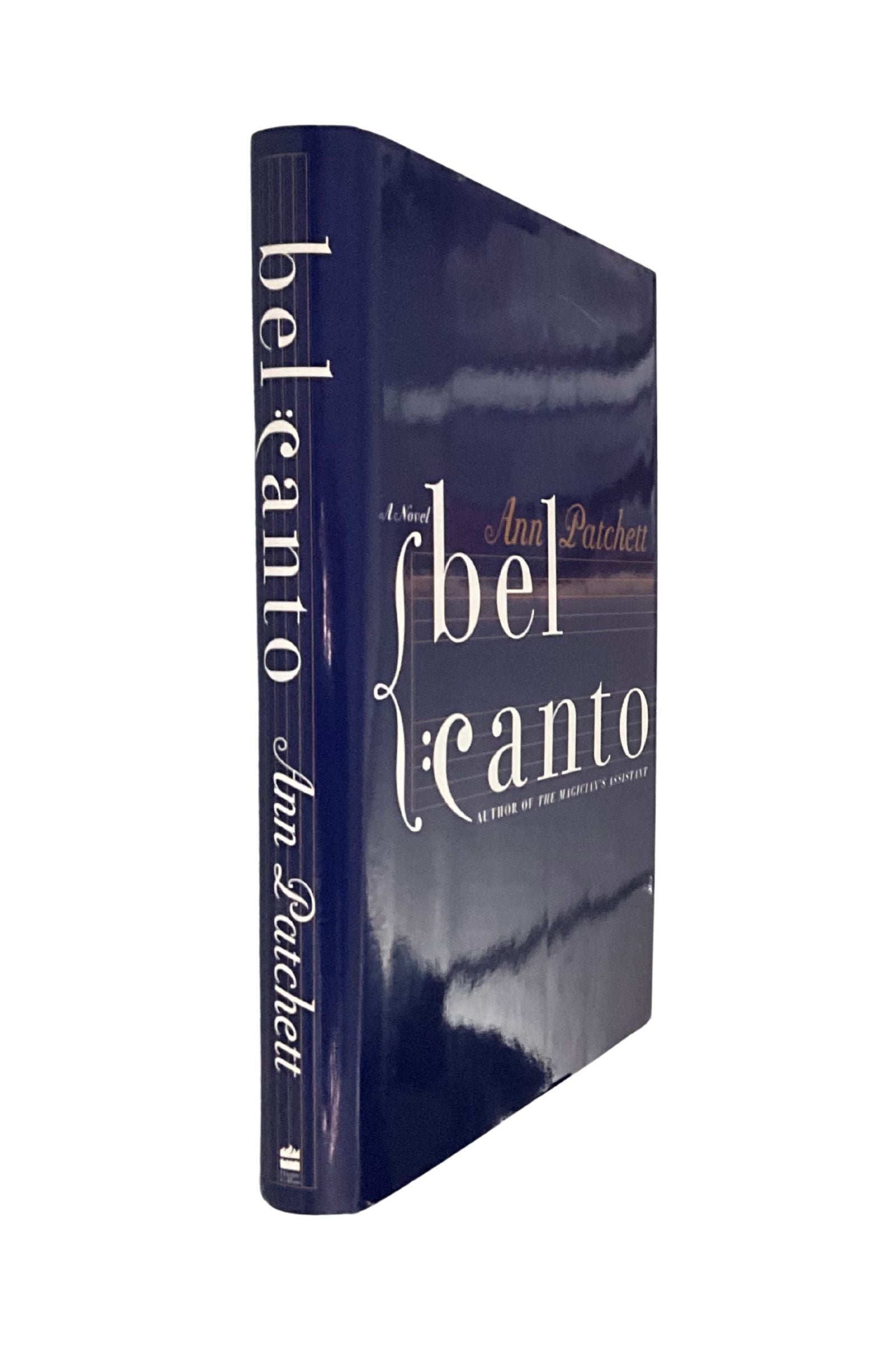 Book titled 'bel canto' with a blue cover on a white background, angled to show the book’s spine