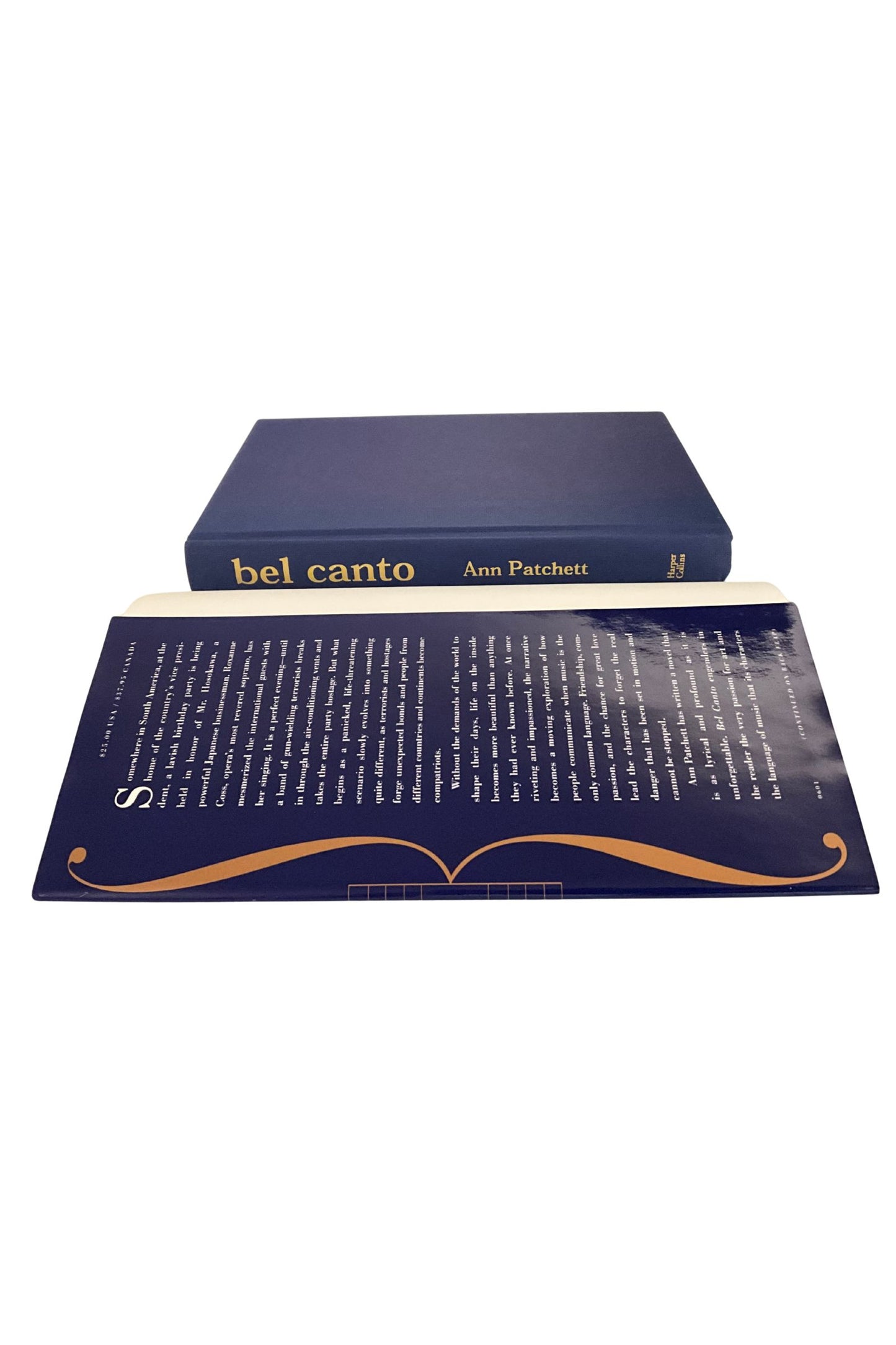 Book titled 'bel canto' by Ann Patchett with a matching blue dust jacket on a white background.