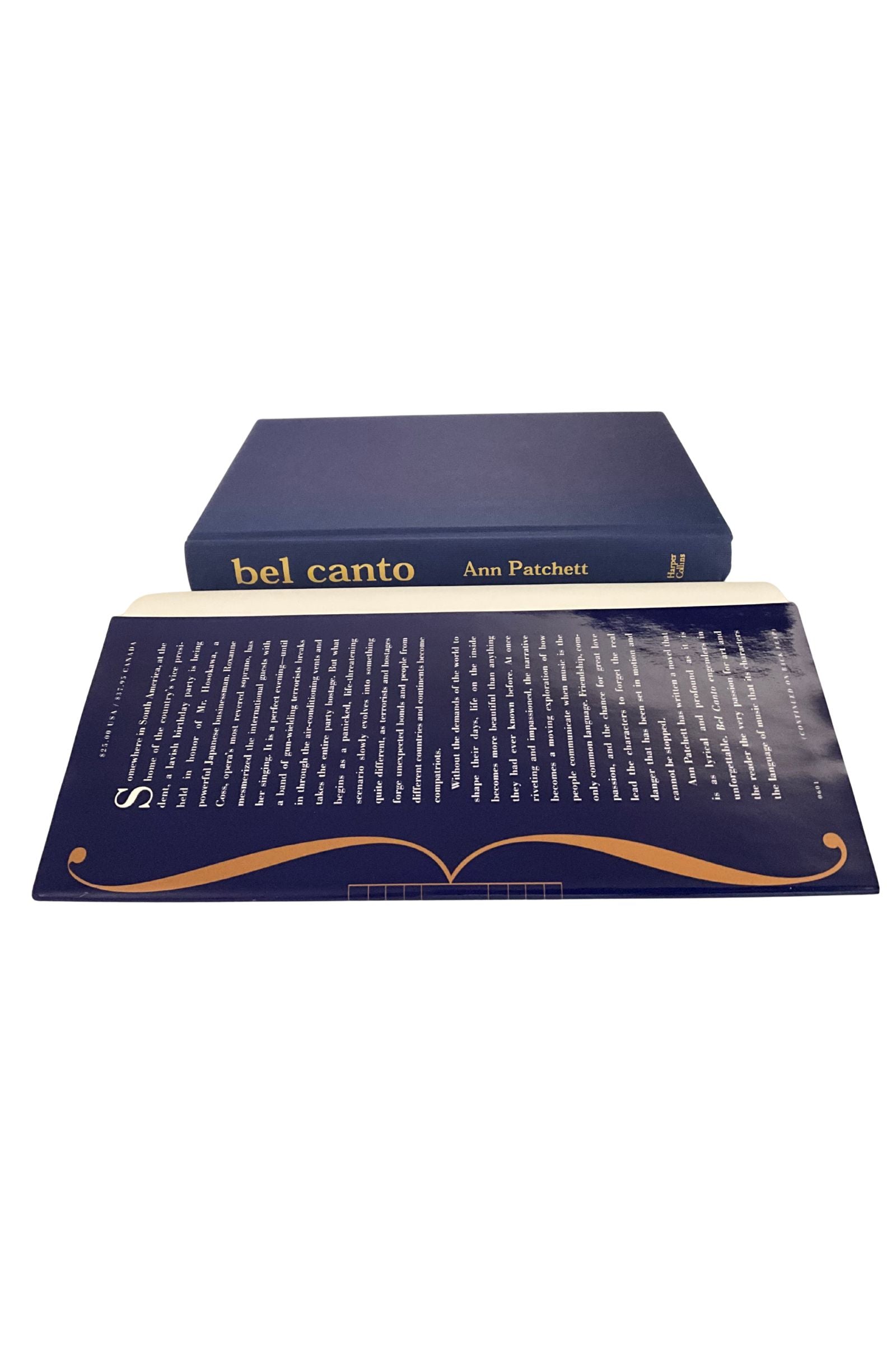 Book titled 'bel canto' by Ann Patchett with a matching blue dust jacket on a white background.