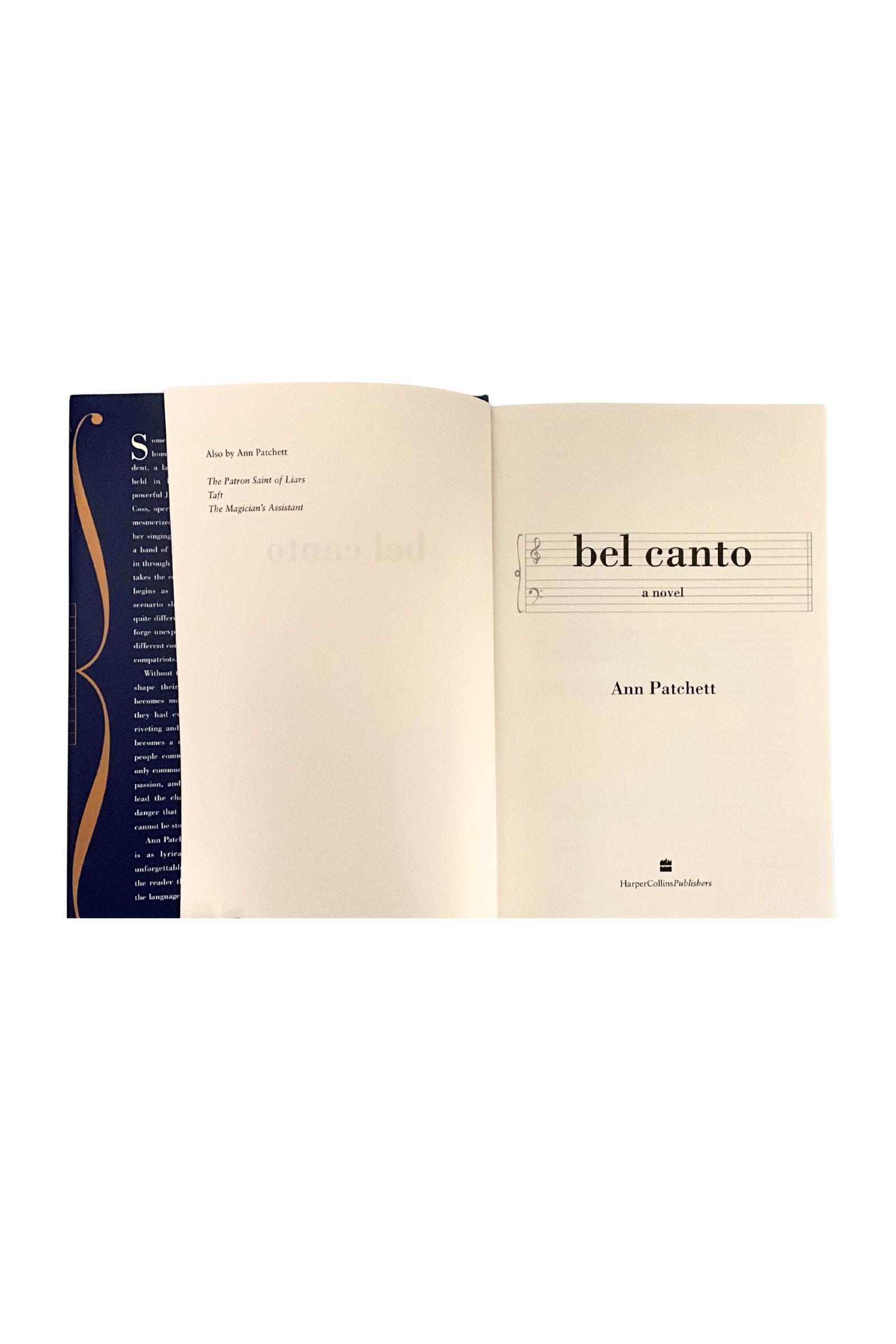 Open book displaying the title 'bel canto' by Ann Patchett on a white background