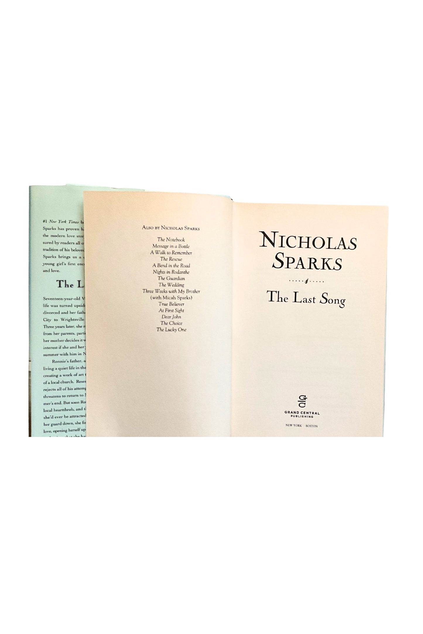 Open book showing the title 'The Last Song' by Nicholas Sparks on a white background