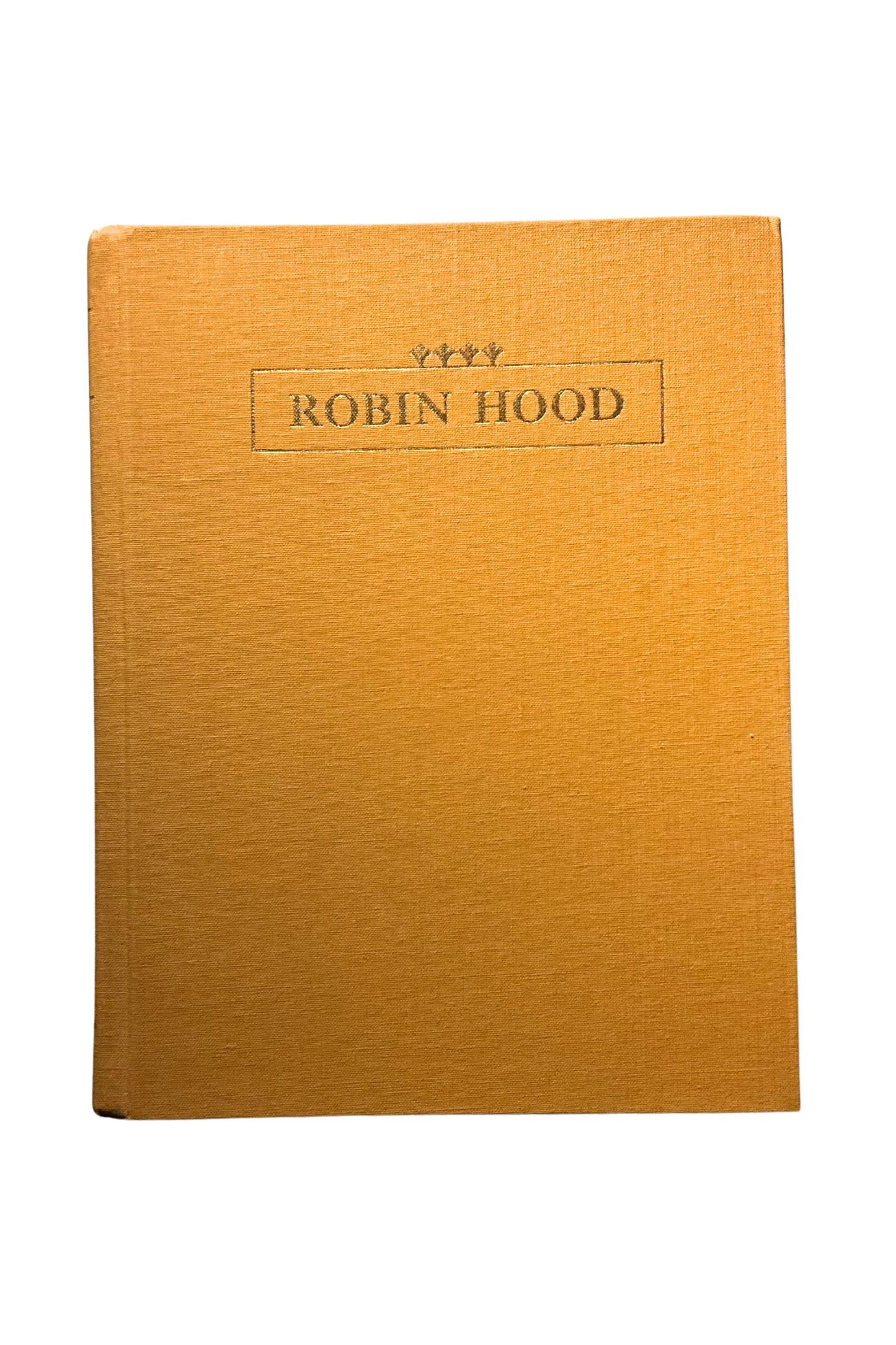 Robin Hood book shown without its dust jacket, with 'Robin Hood' embossed on the  yellow cover against a white background