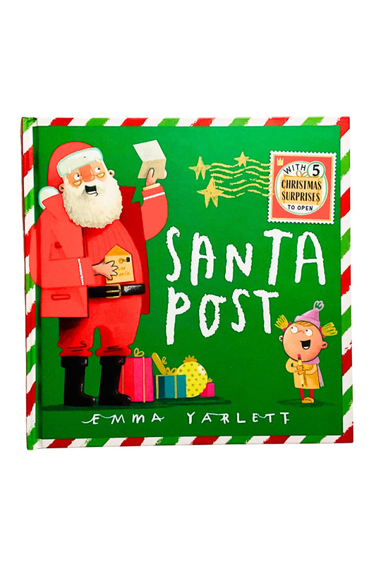 Book titled 'Santa Post' with Santa Claus and Elf design on a green background