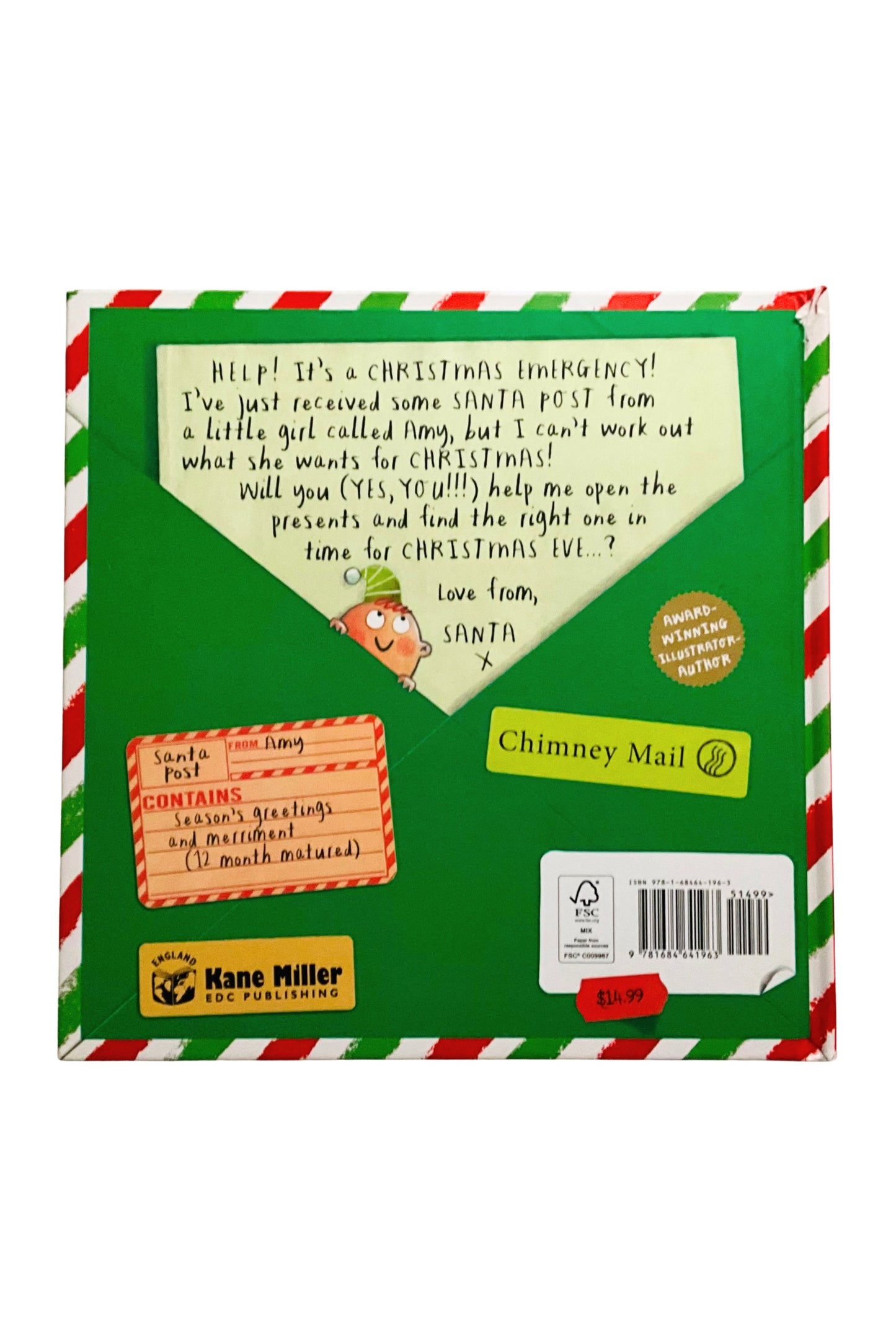 Back cover featuring a Christmas envelope and letter design on a white background