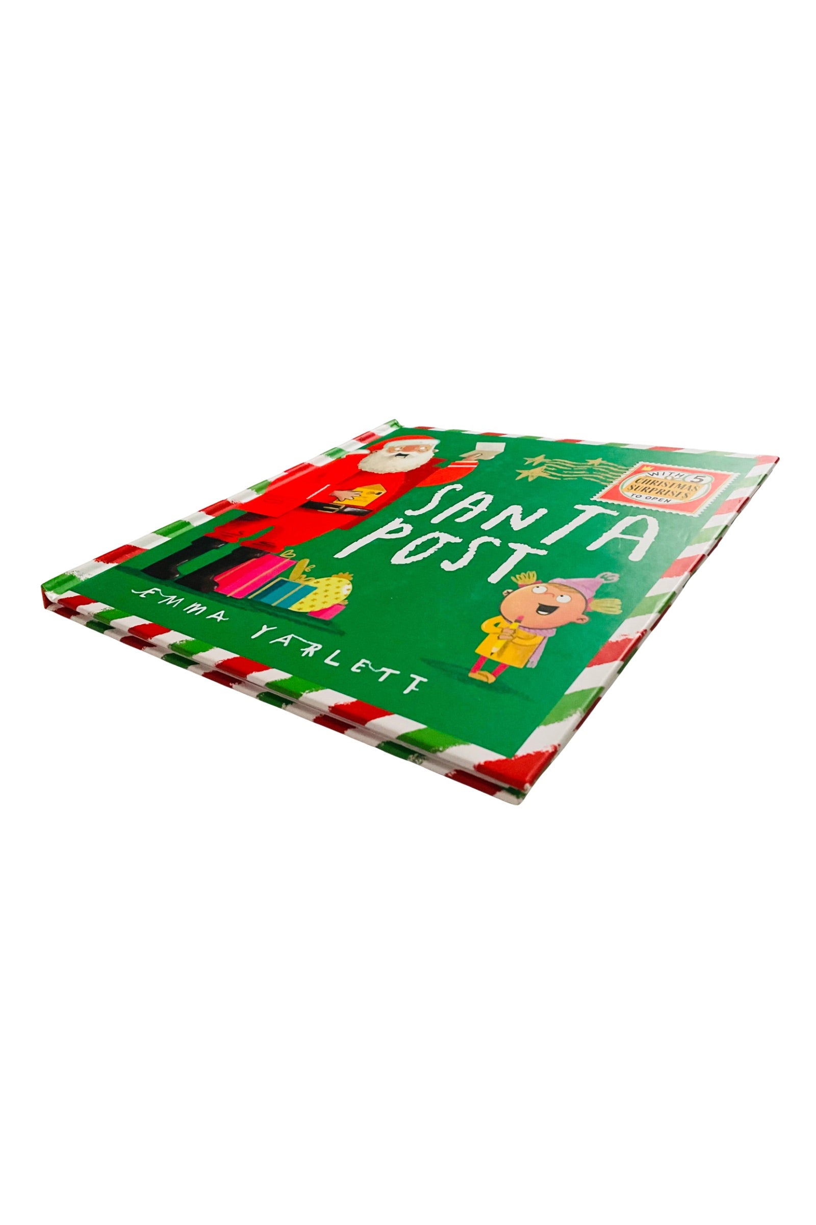 Children's book titled 'Santa Post' with a green cover featuring cartoon character Santa and an elf  on a white background.