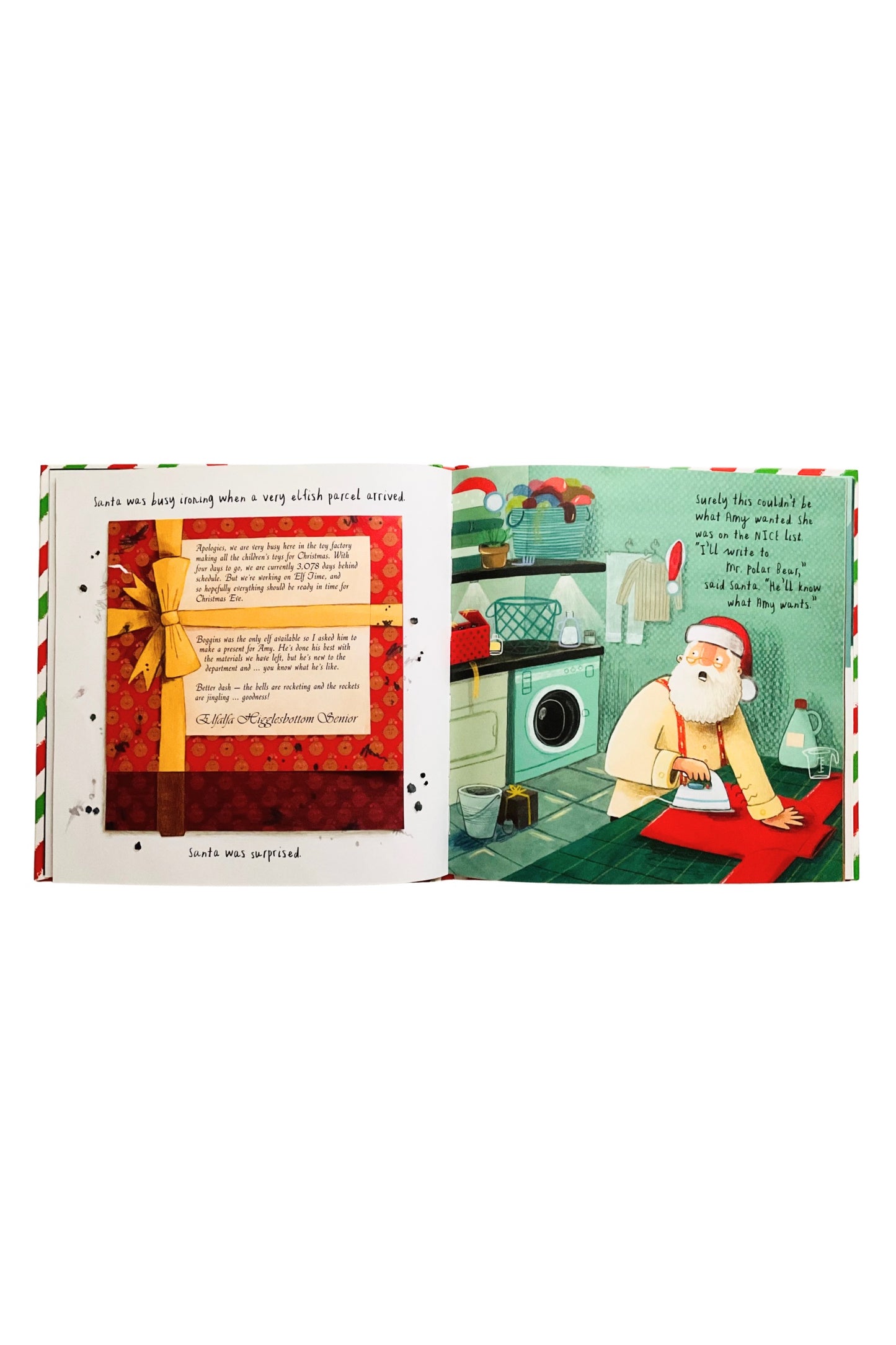 Illustrated book page with a character in a kitchen setting on a white background