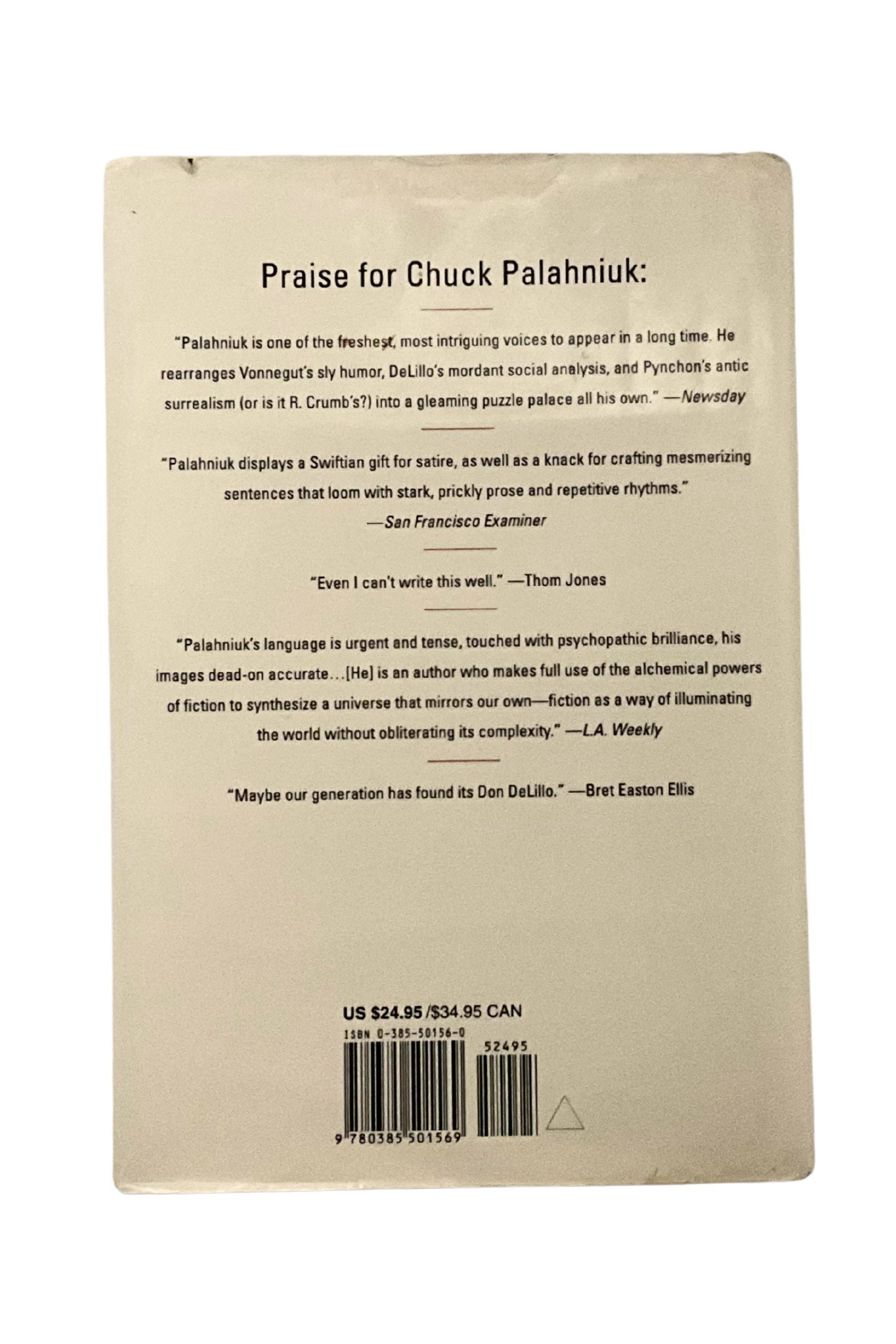Back cover of a book with praise for Chuck Palahniuk and a barcode.