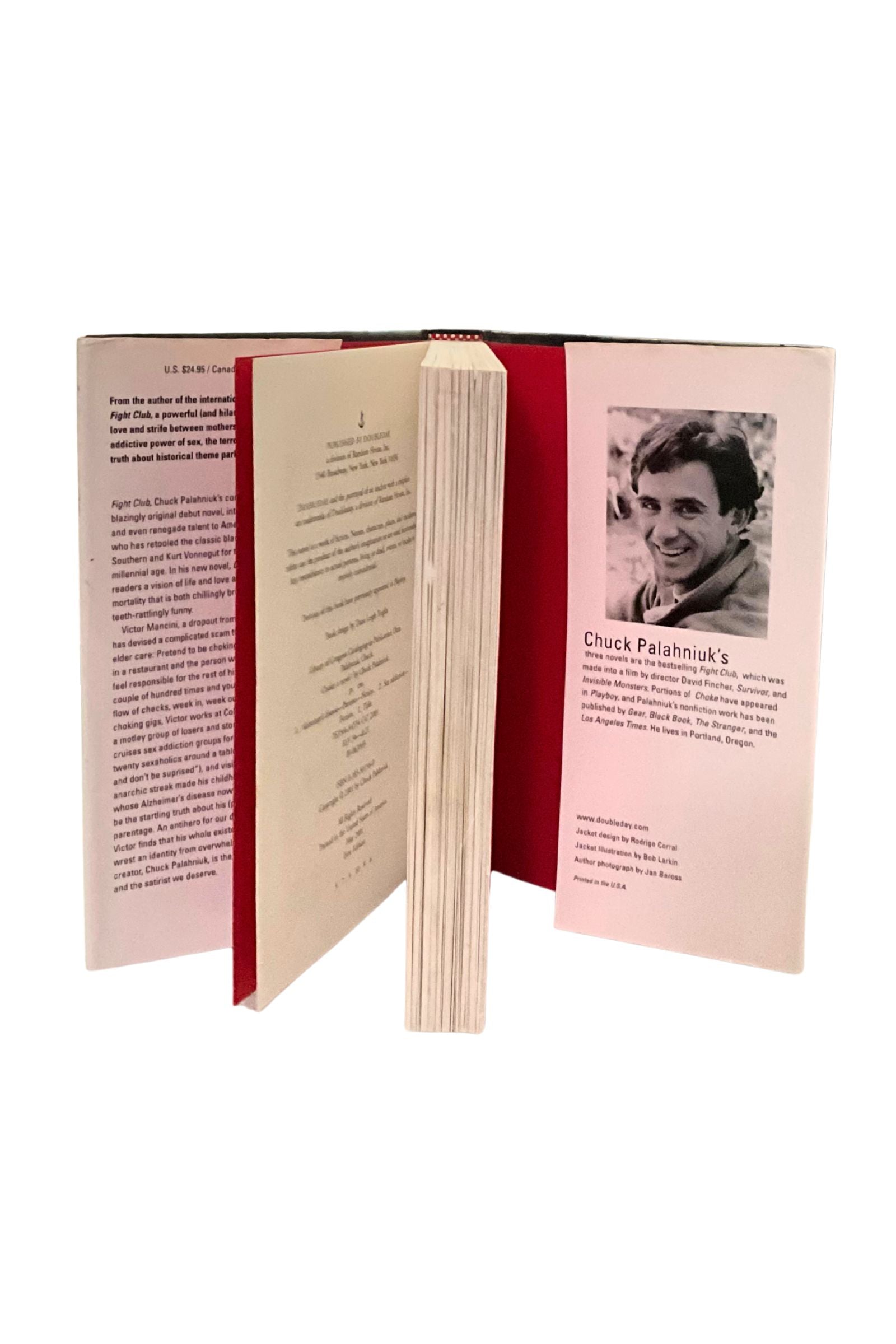 Open book showing the inside flaps of the dust jacket on a white background