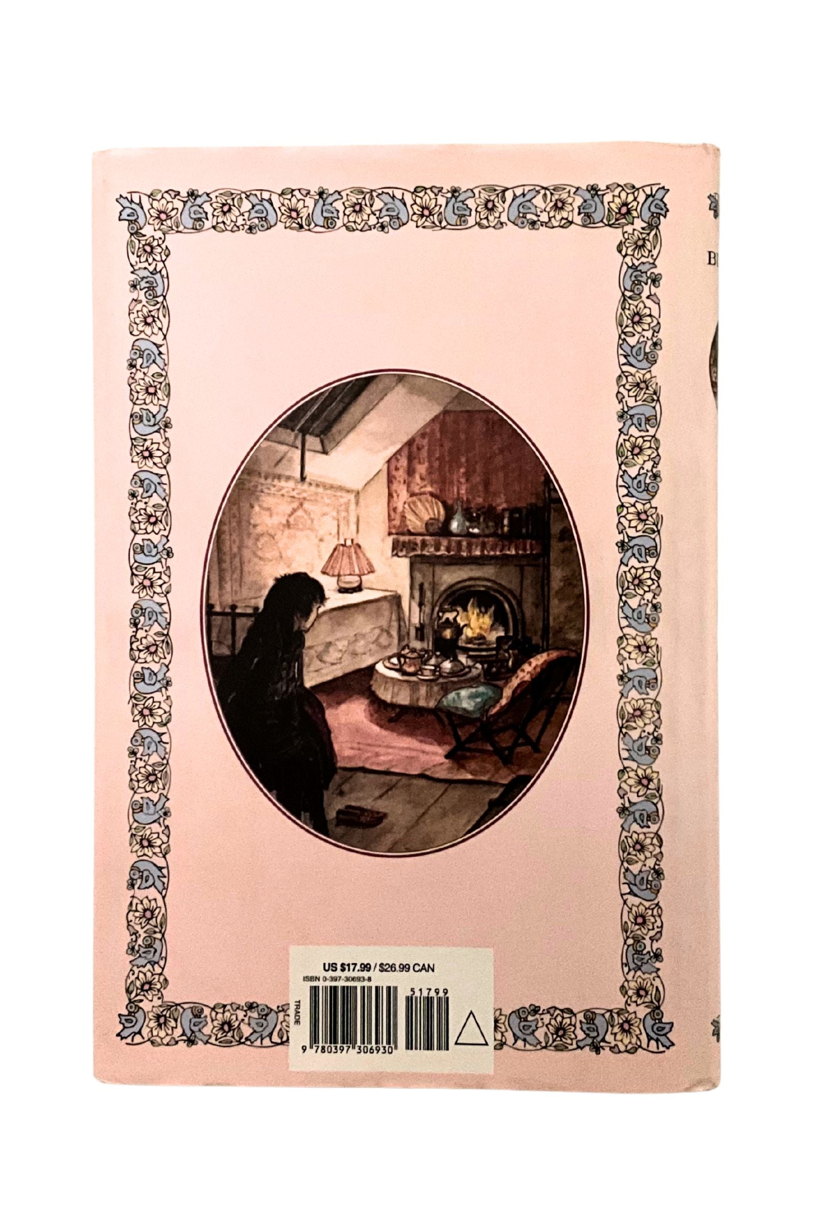 Back of the book cover with decorative border and interior scene illustration on a pink background