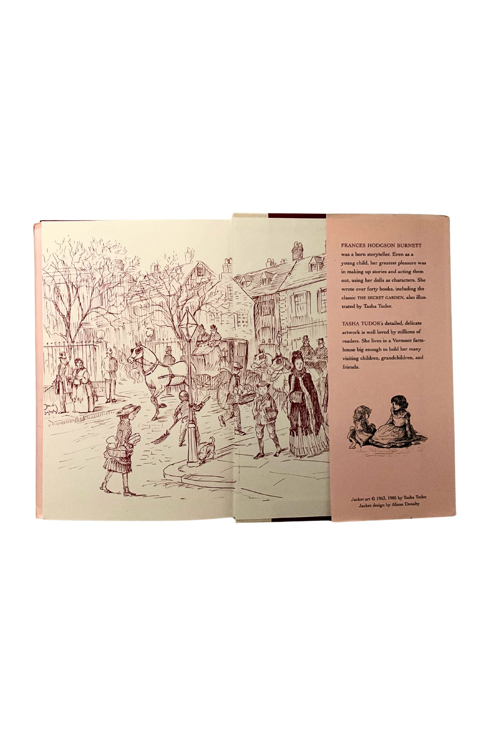 Open book with illustrations of people in a historical setting on a white background