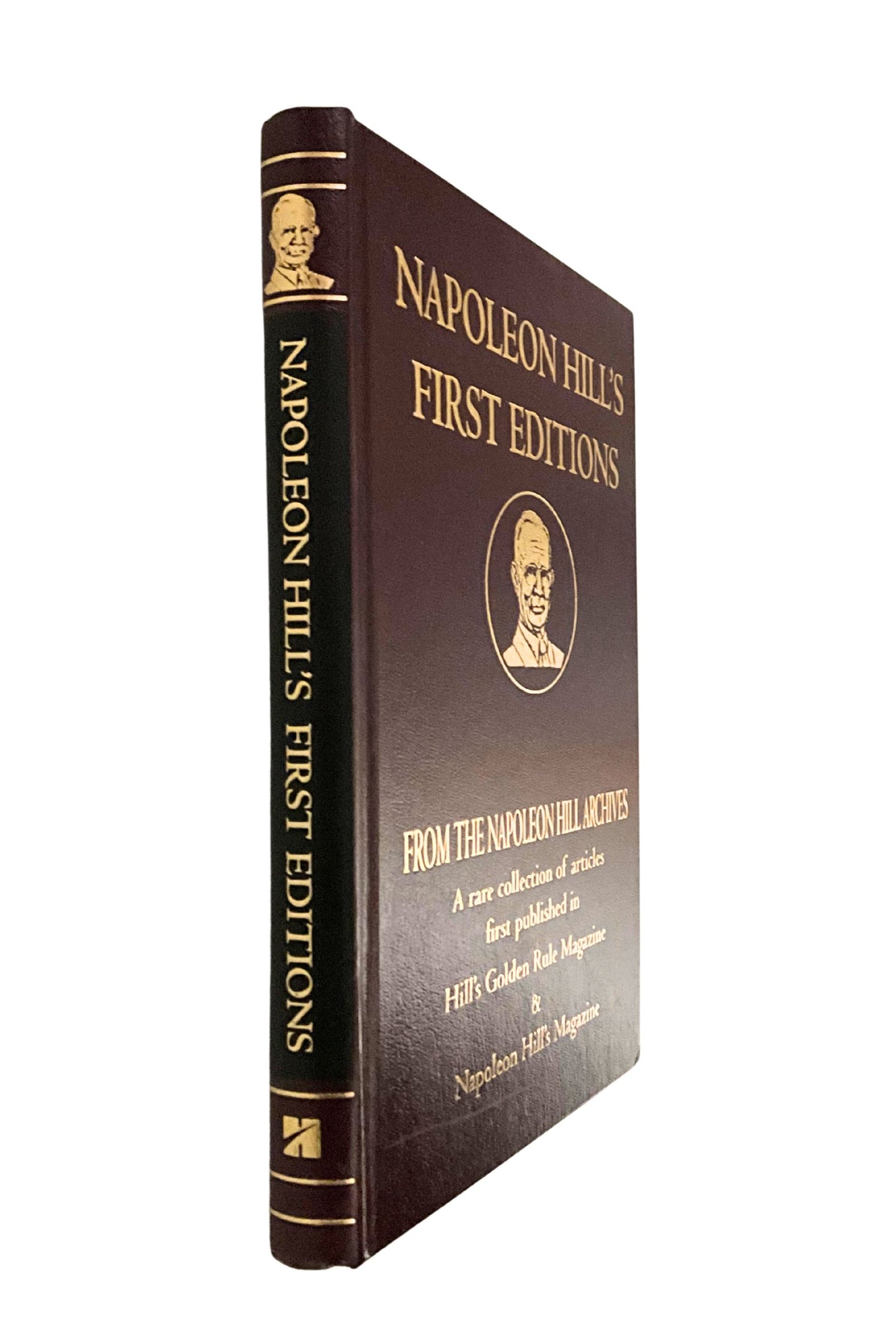 Book titled 'Napoleon Hill's First Editions' on a white background, the angle of the photo shows the spine of the book