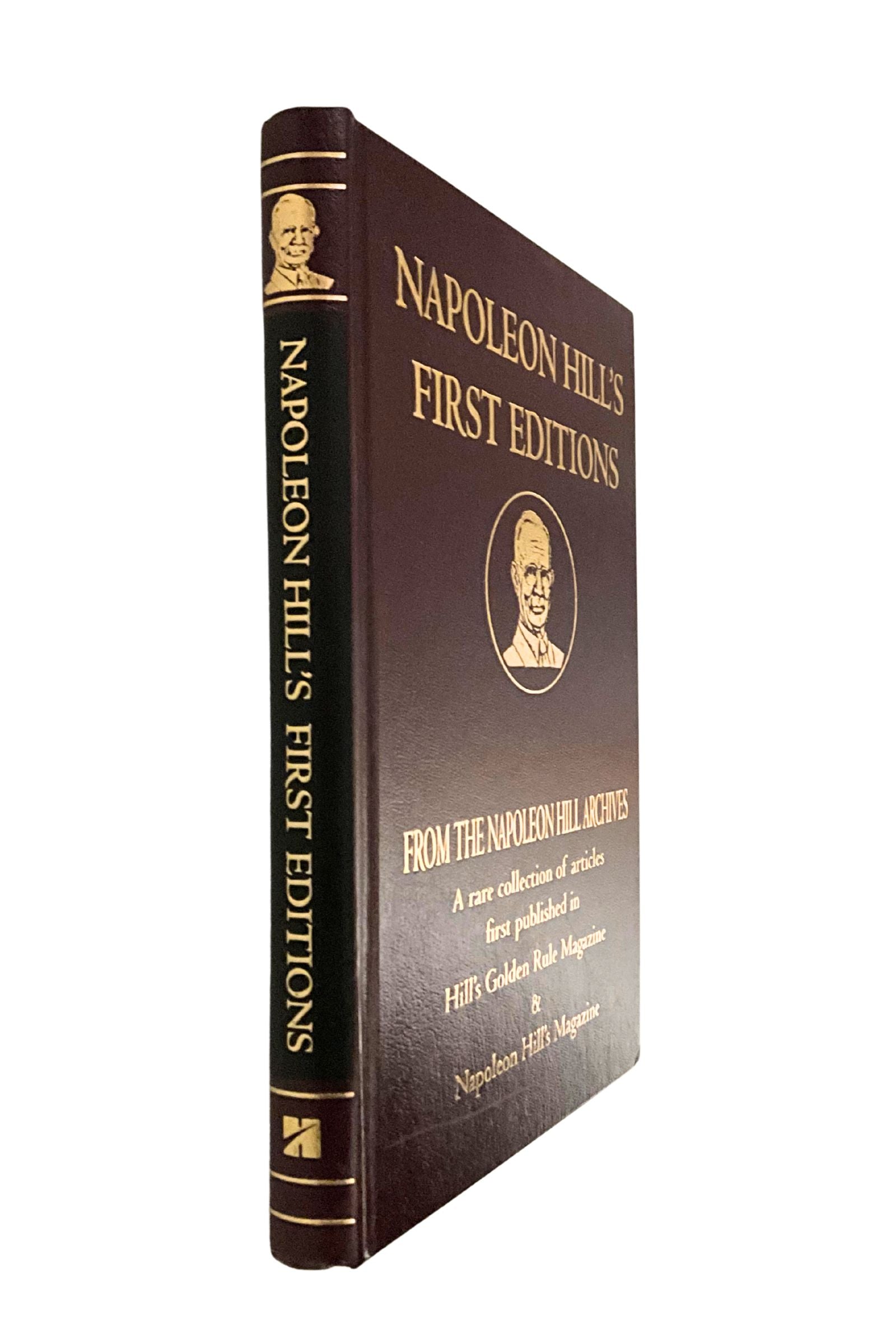 Book titled 'Napoleon Hill's First Editions' on a white background, the angle of the photo shows the spine of the book