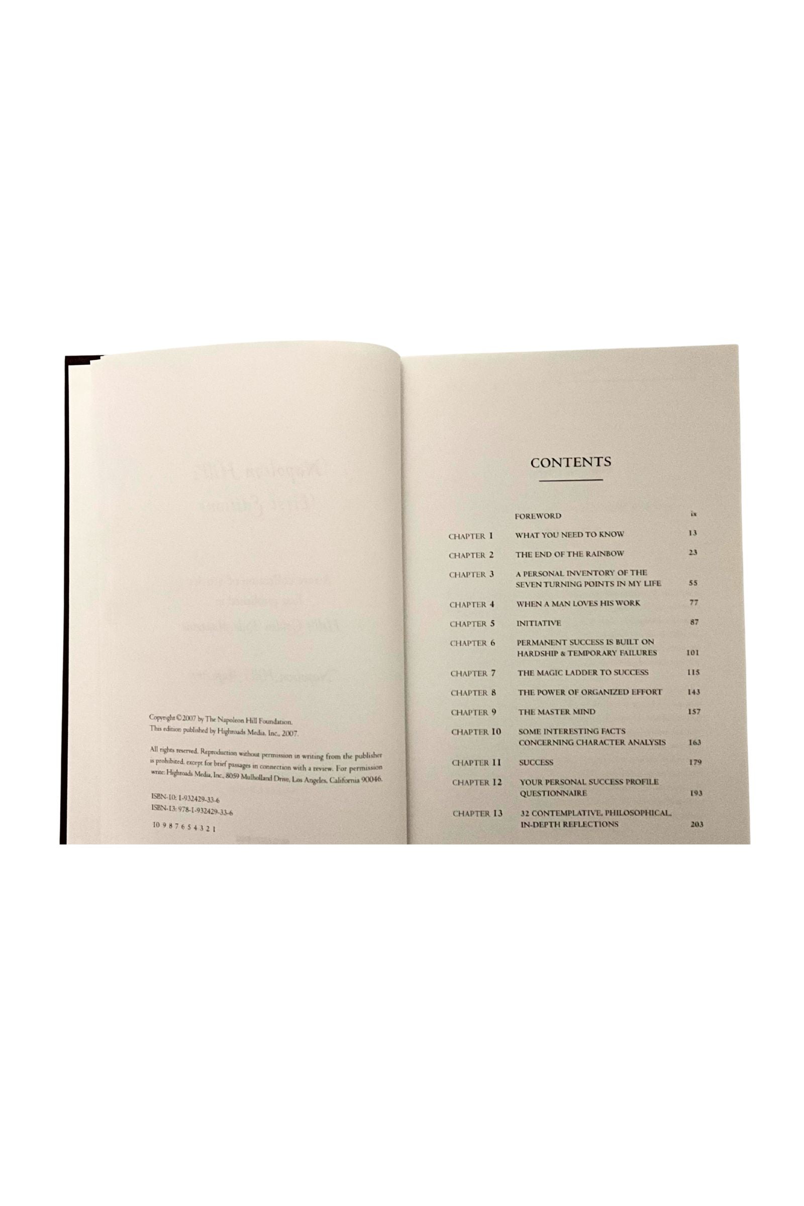 Open book showing a table of contents on a white background 