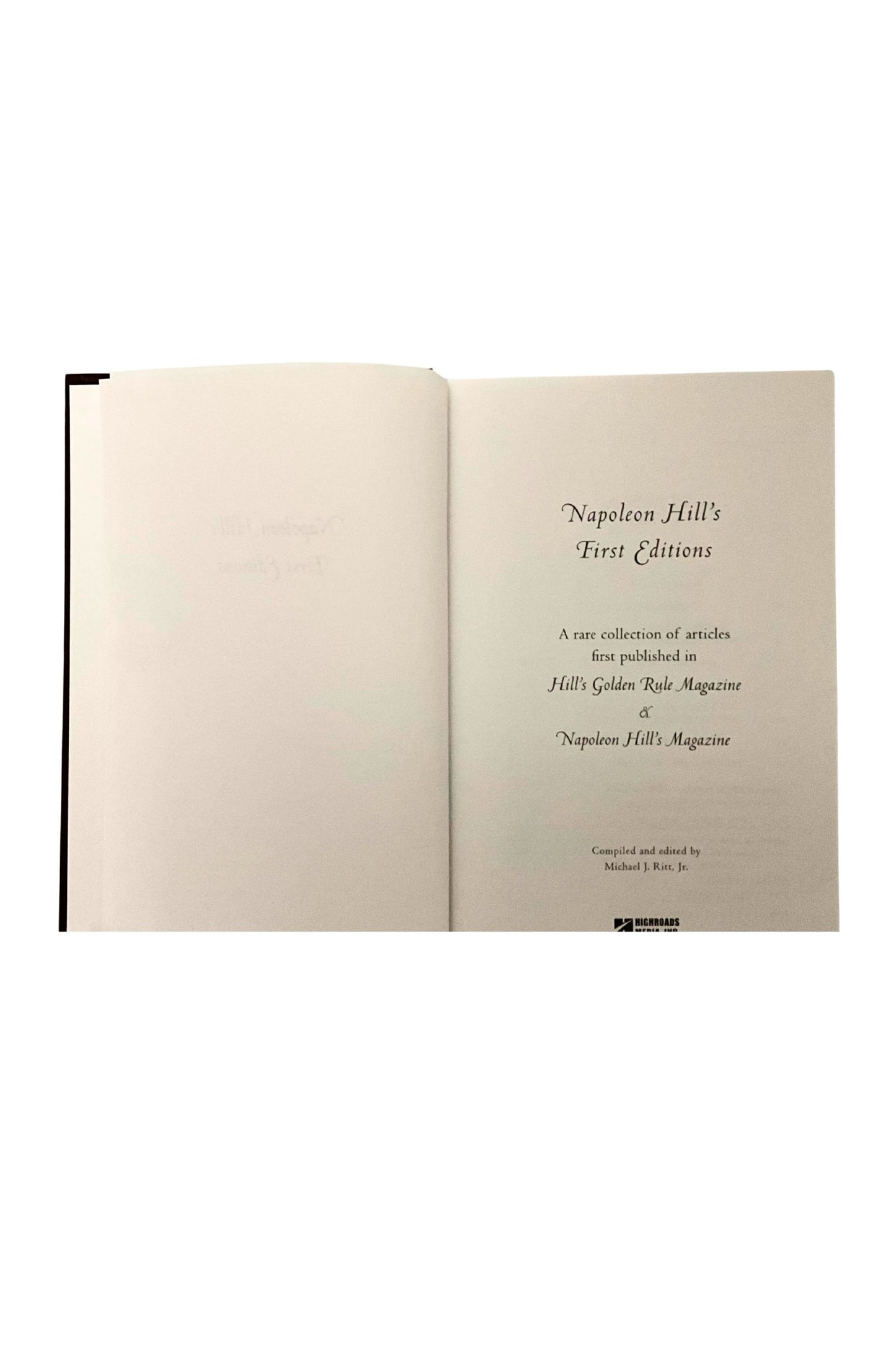 Open book titled 'Napoleon Hill's First Editions' on a white background