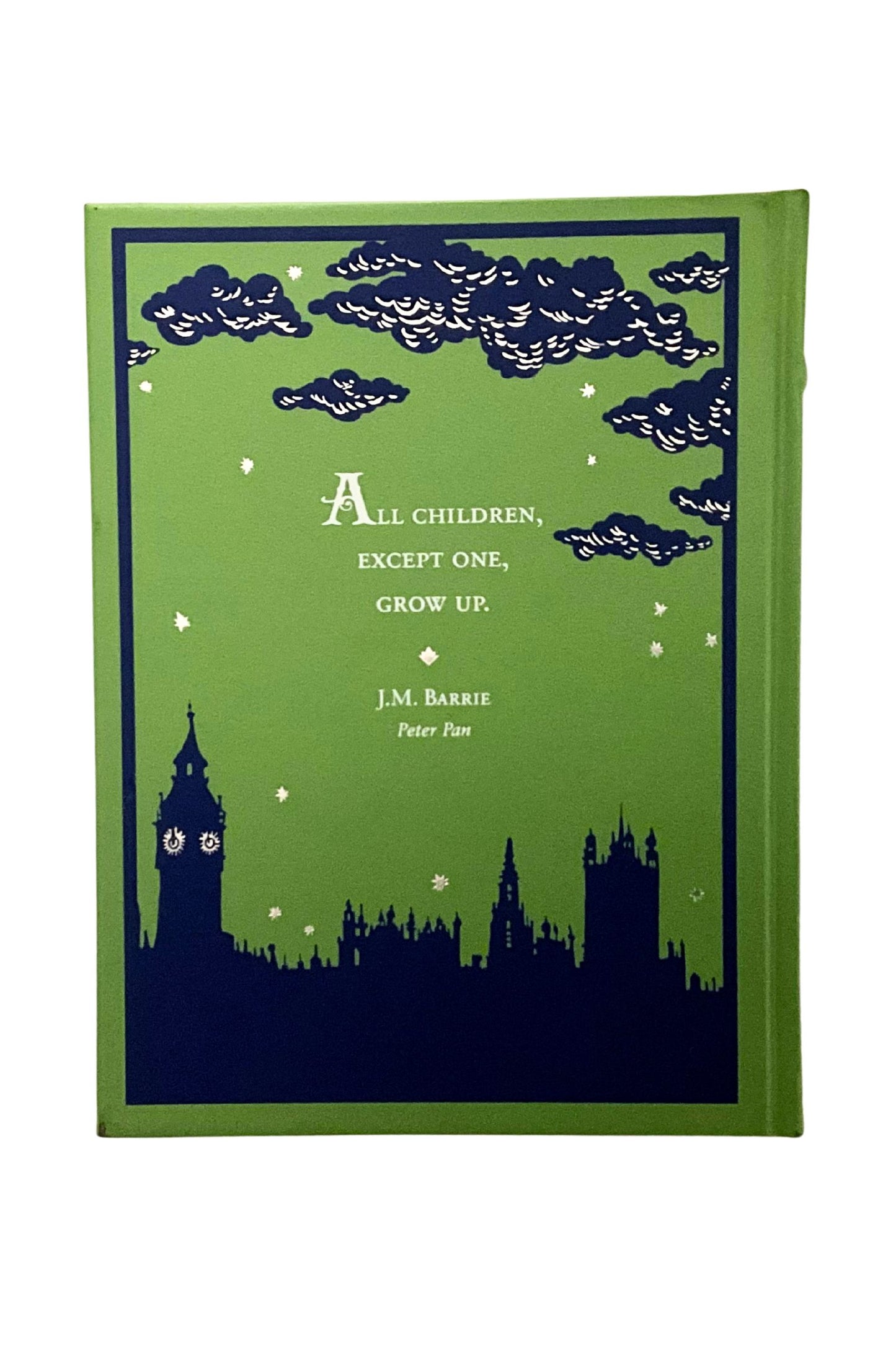 Book cover with green background and silhouette of a cityscape, featuring text from J.M. Barrie's 'Peter Pan'.