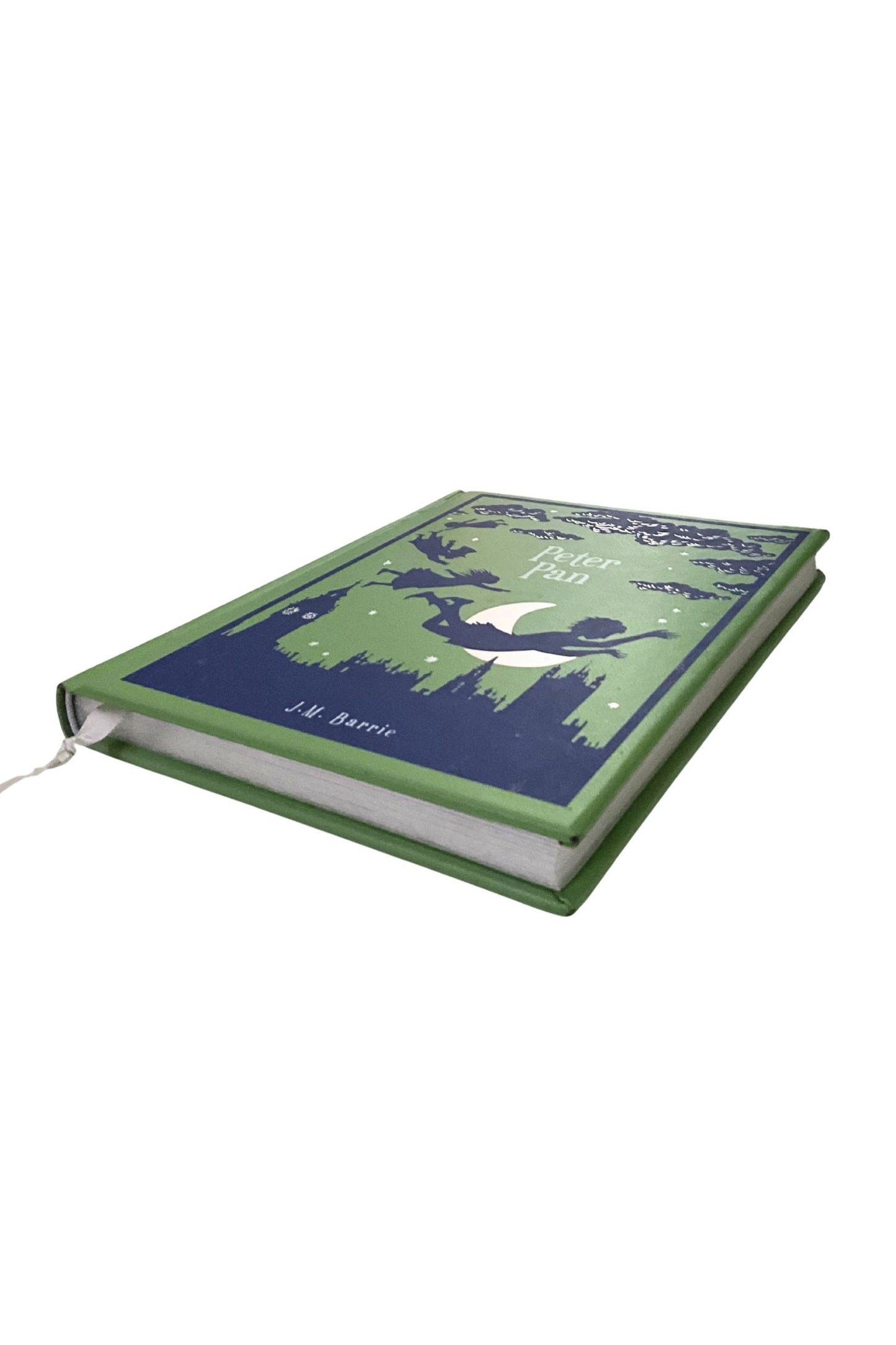 Book titled 'Peter Pan' with green and blue cover design on a white background