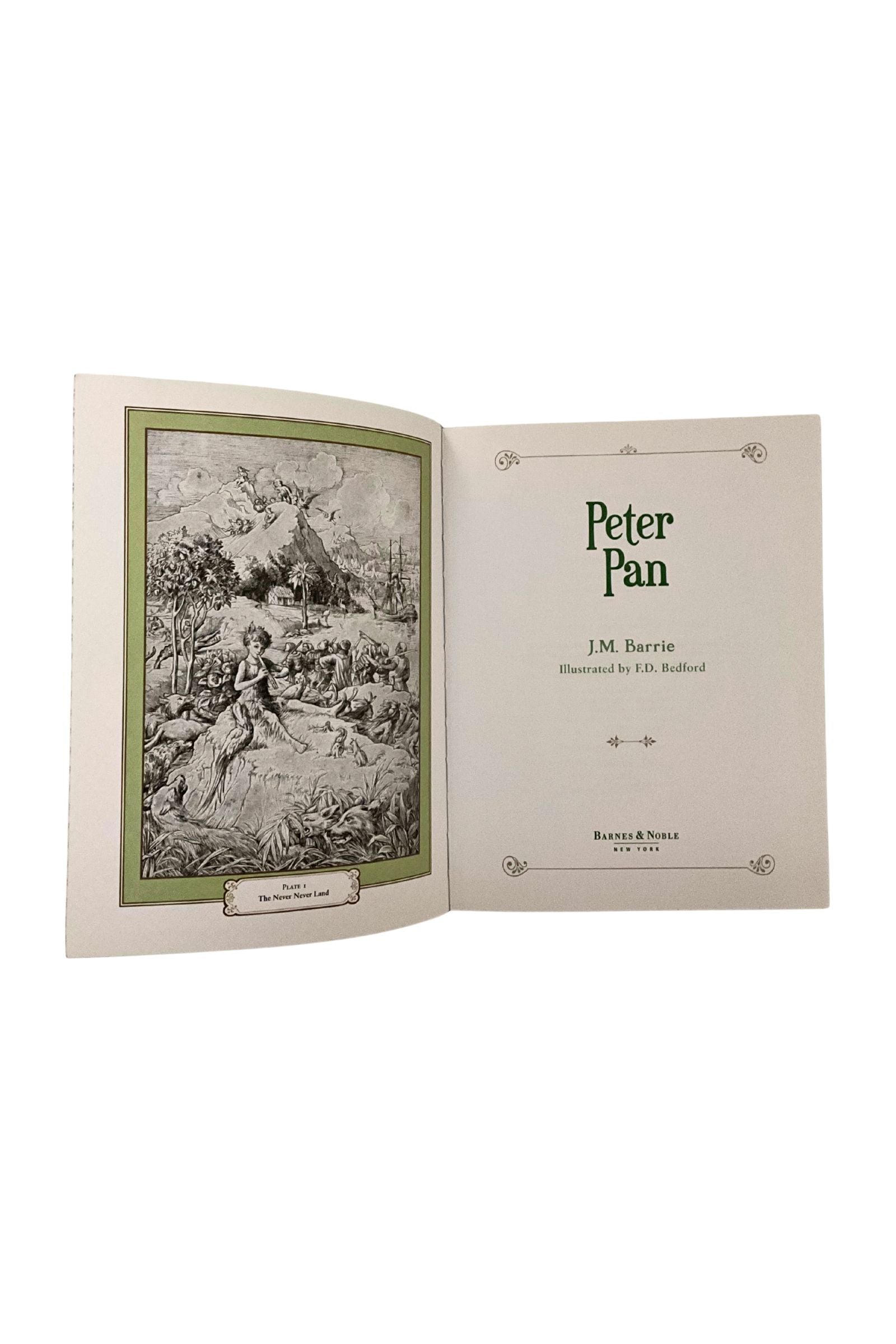 Open book titled 'Peter Pan' by J.M. Barrie on a white background