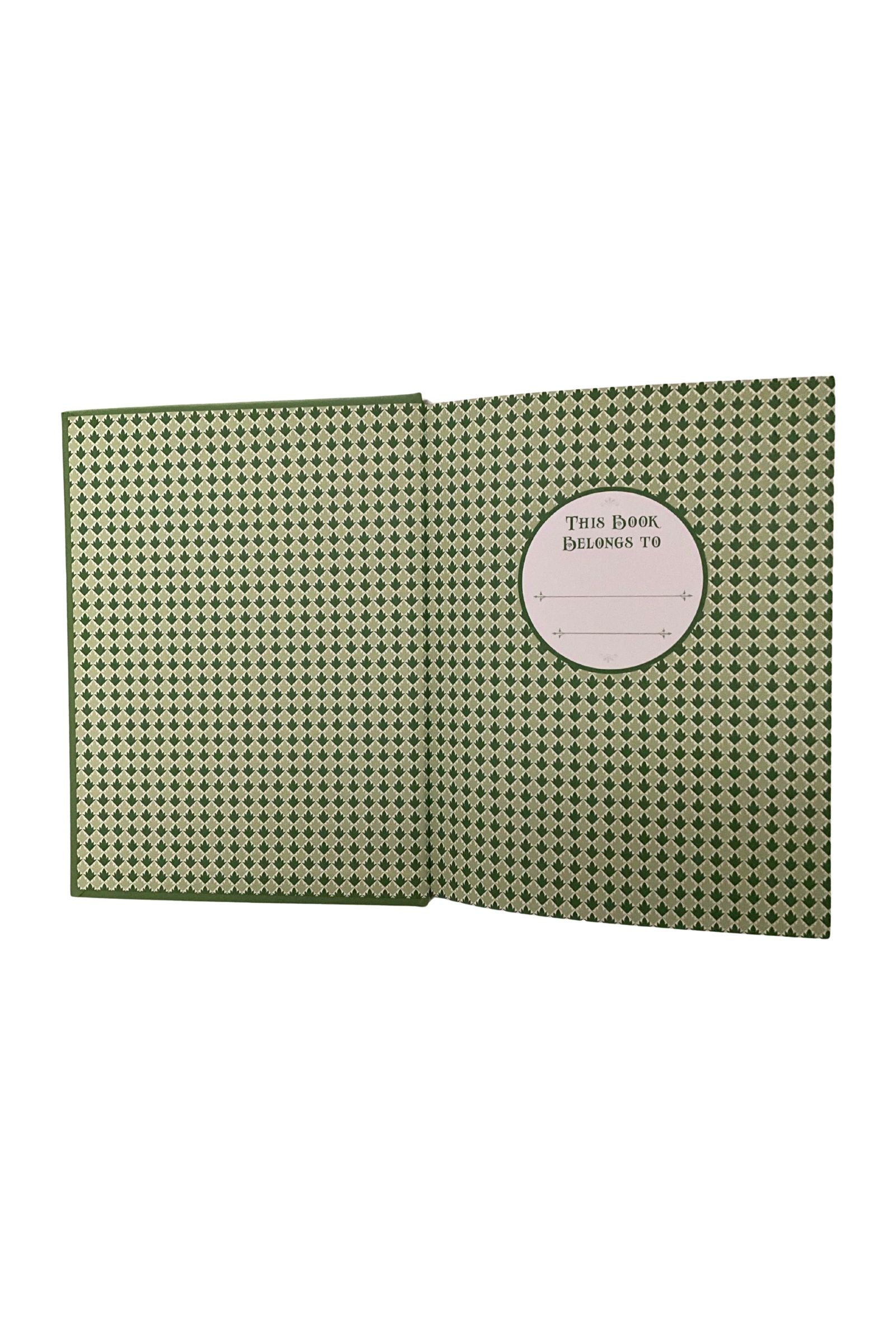 Inside of back cover with a circular label on a white background