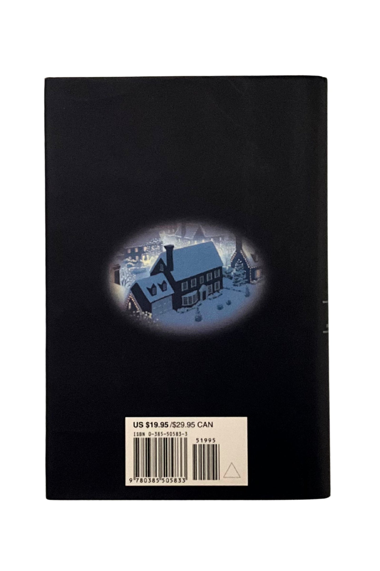 Black book cover with a small circular window showing a house and tree, on a white background