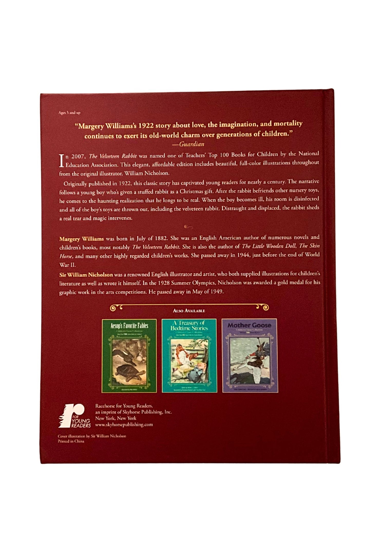 Book back cover with text and three book covers displayed on a red background