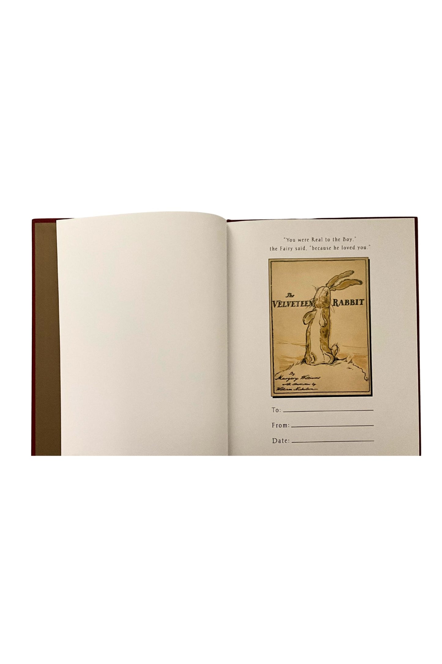 Open book with a cover featuring 'The Velveteen Rabbit' on a white background