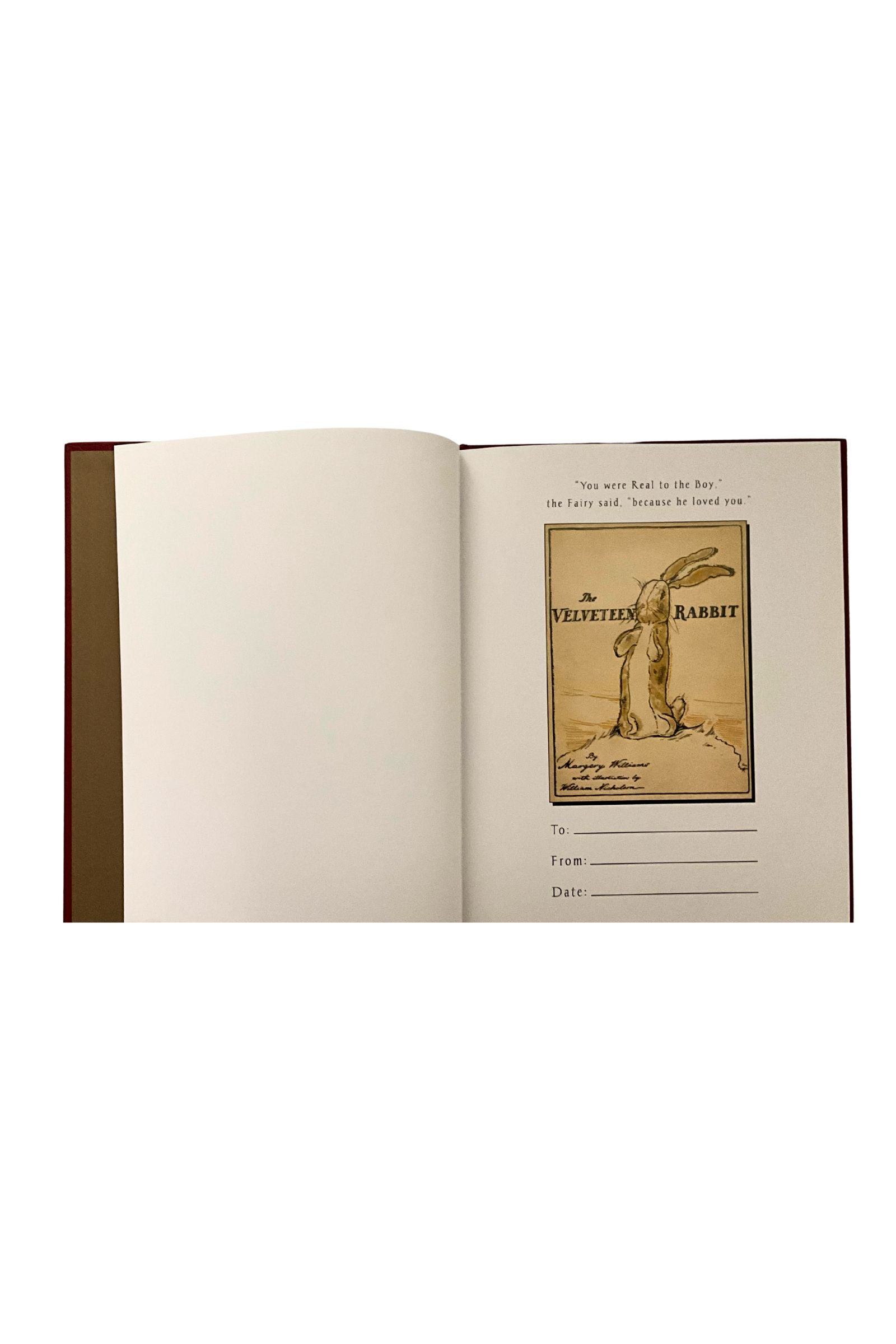 Open book with a cover featuring 'The Velveteen Rabbit' on a white background