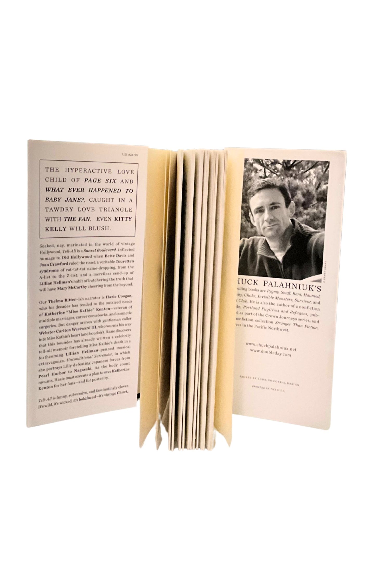 Open book with text and a photo of a man on a white background